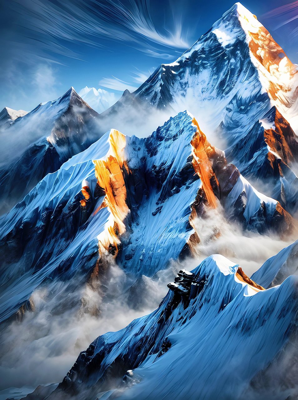 雪山景色,主峰的样貌 以某处雪山为模板刻画出来的雪峰山脉