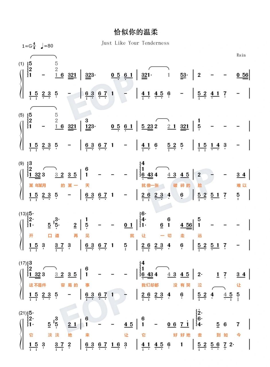 《恰似你的温柔》邓丽君钢琴双手简谱曲谱