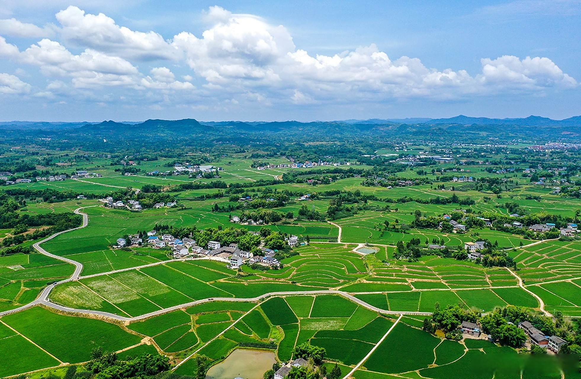 6月24日,俯瞰广安市广安区花桥镇乡村大地,稻田,民居,道路及远山在