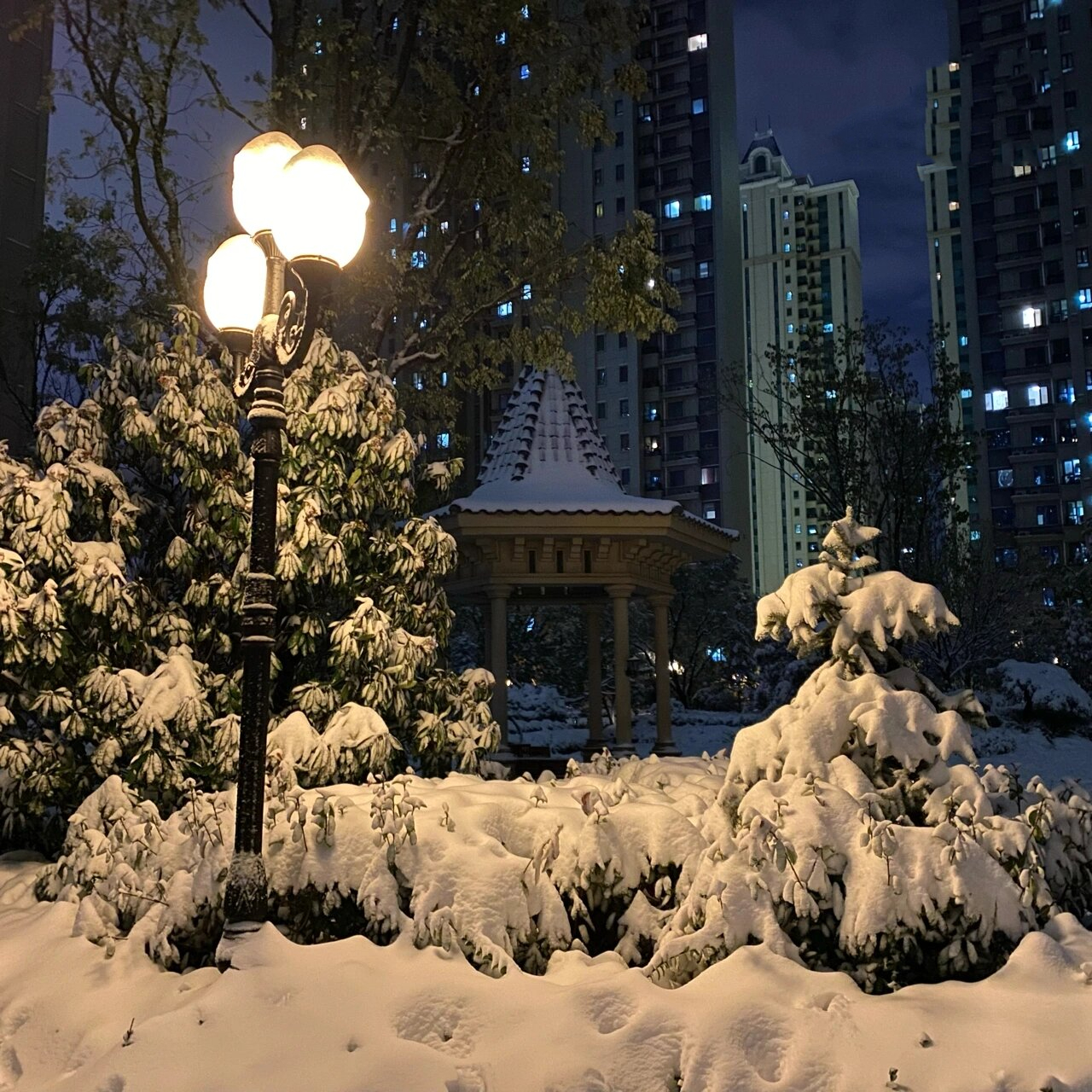 夜间雪景 大雪后的夜晚,在昏黄的灯光照耀下美极了!