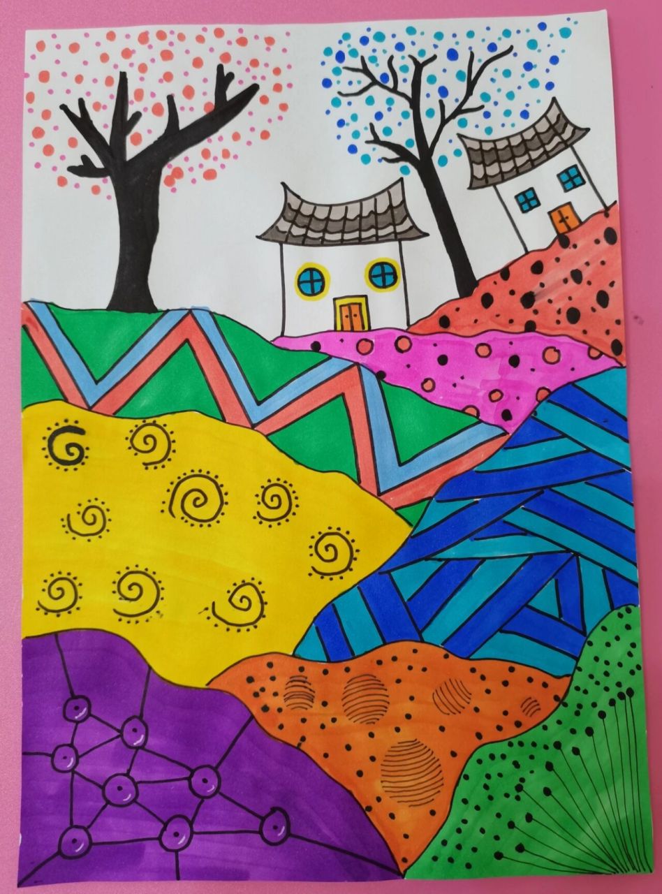 儿童画(07)——彩色的田野(借图创作)