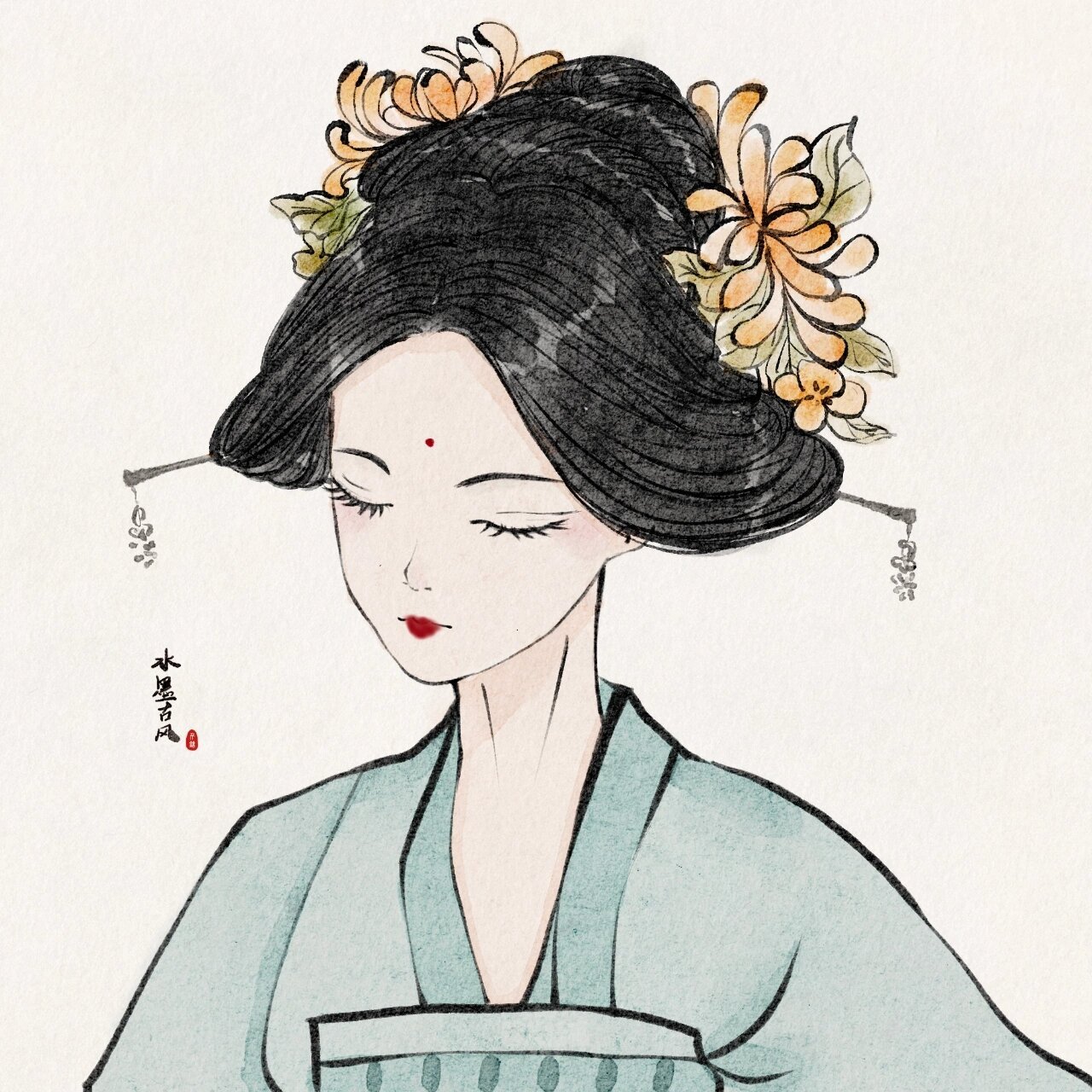 古风水墨美人头像 这个发髻真的太美了 临摹自 好久没画头像了,临摹的