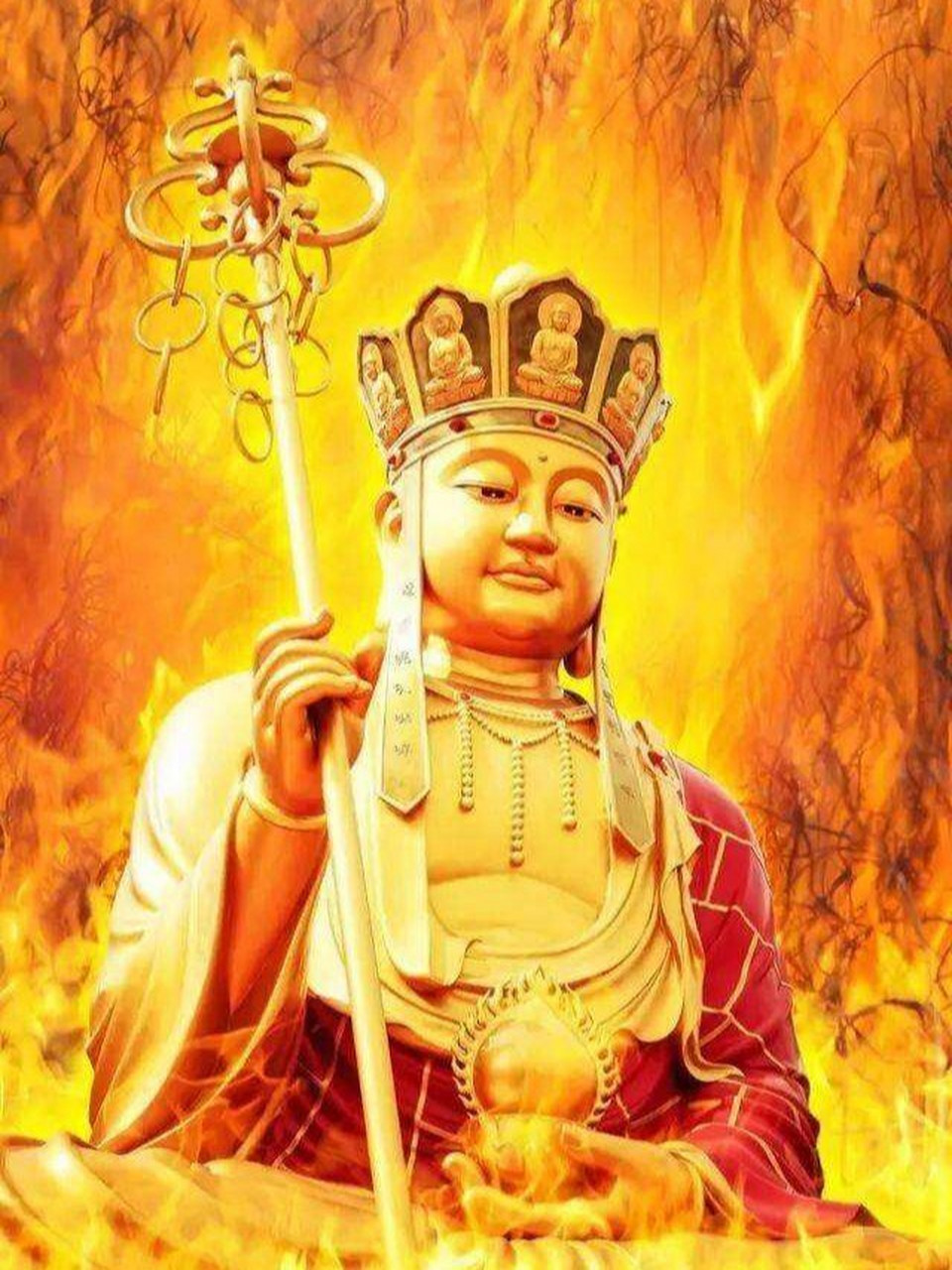 而地藏菩萨则多为光头或是头戴毗卢冠,身披袈裟的出家僧人之相.