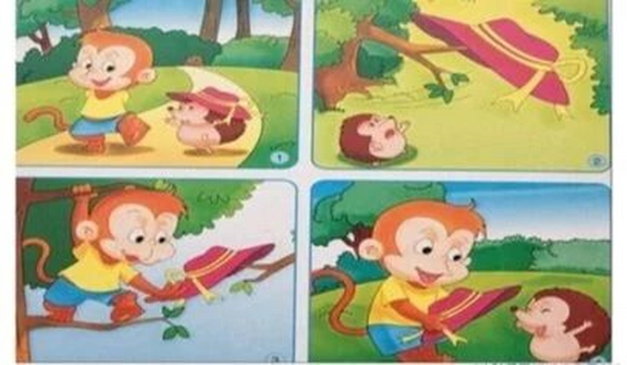 看图写话 小猴和小刺猬 有一天小猴和小刺猬一起去森林里散步,小刺猬