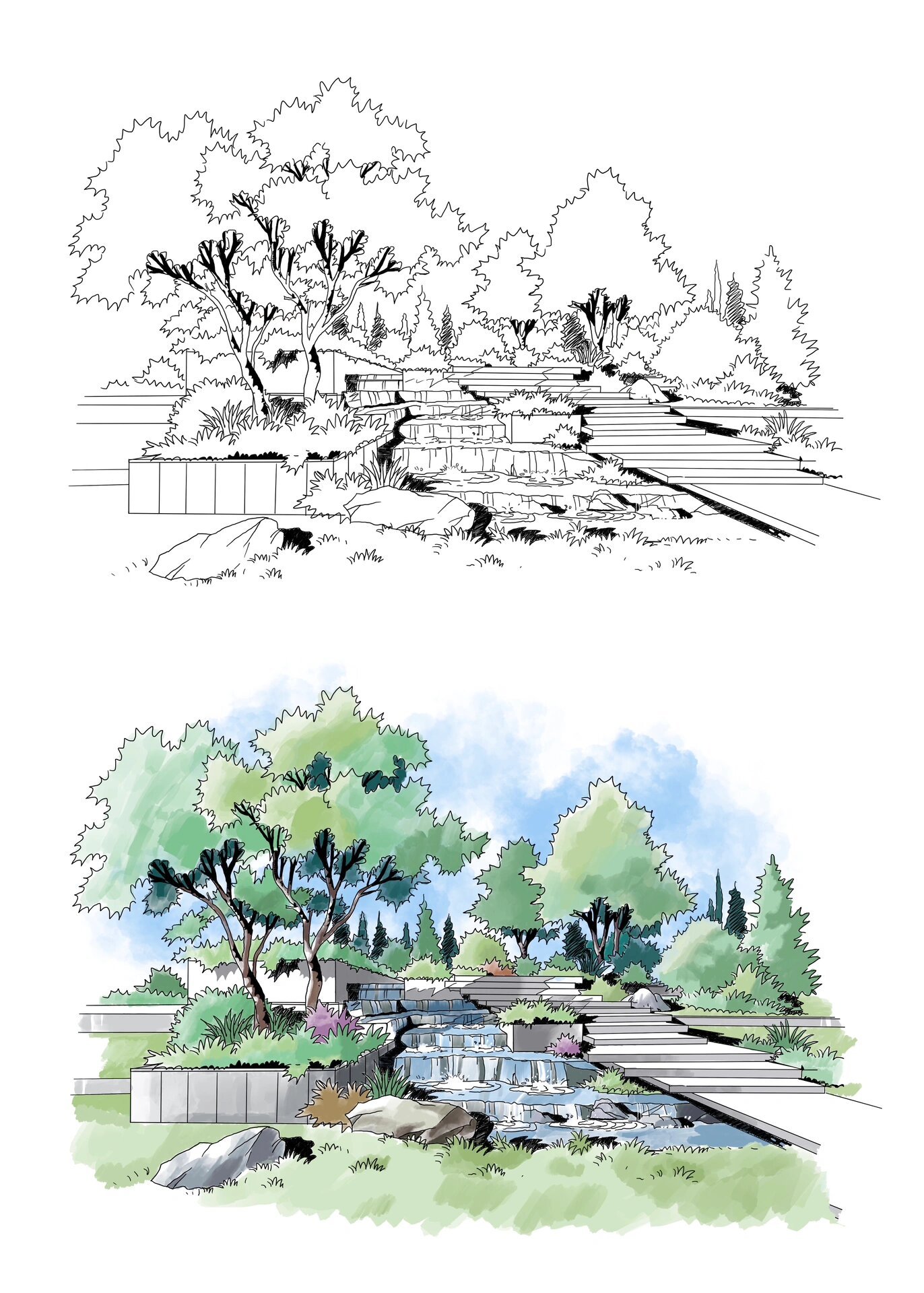 手绘临摹 园林景观