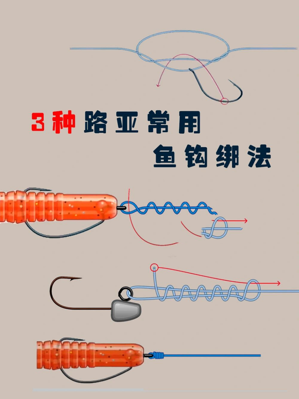 春钓进行时|3种路亚鱼钩绑法图解 路亚经常用到的铅头钩,曲柄钩,倒