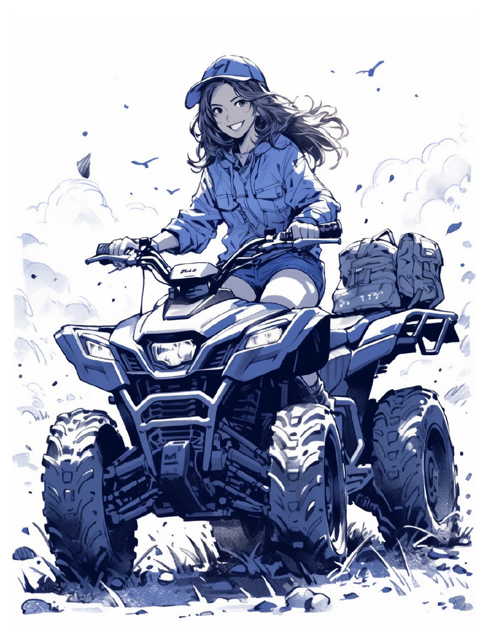 单色系-atv全地形四轮越野机车 以蓝色为单色的绘画, 展现了一位美