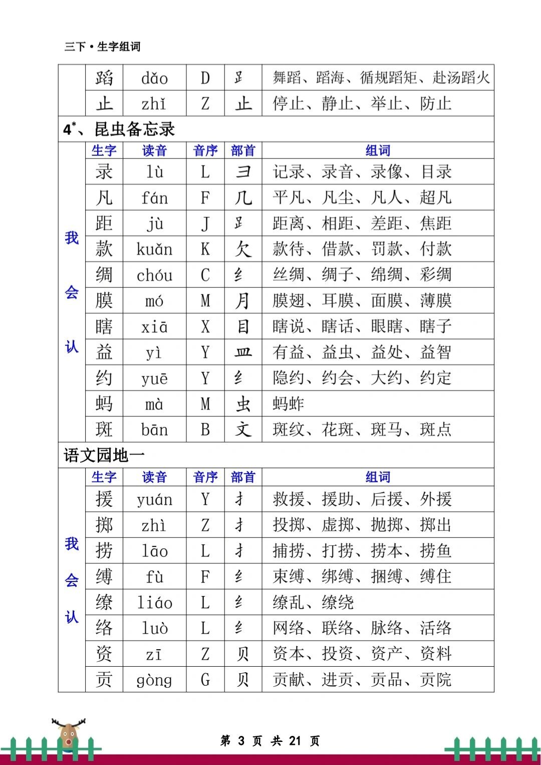 三年级下册生字组词