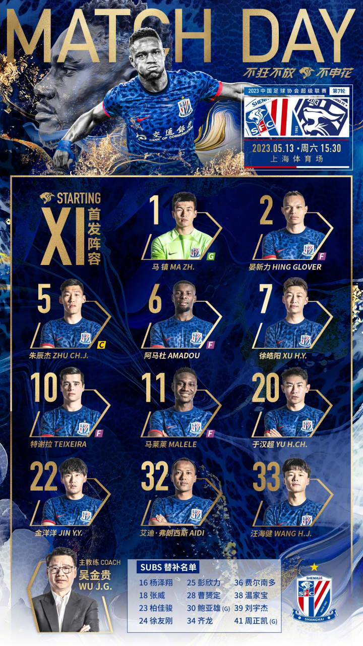 2023中超联赛第7轮 上海申花vs武汉三镇 首发名单
