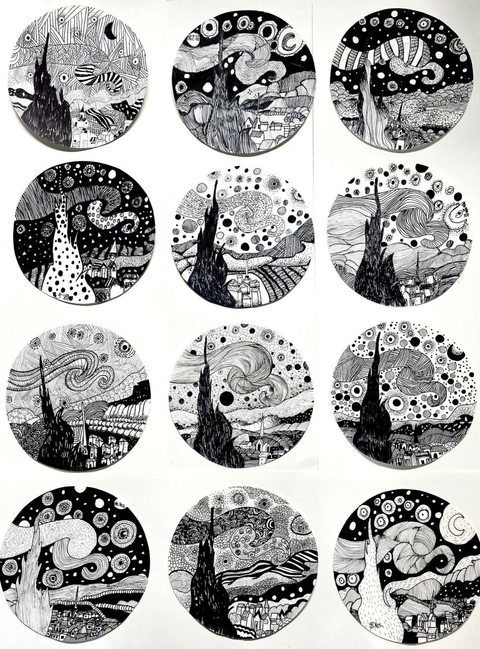 星月夜线描装饰画图片