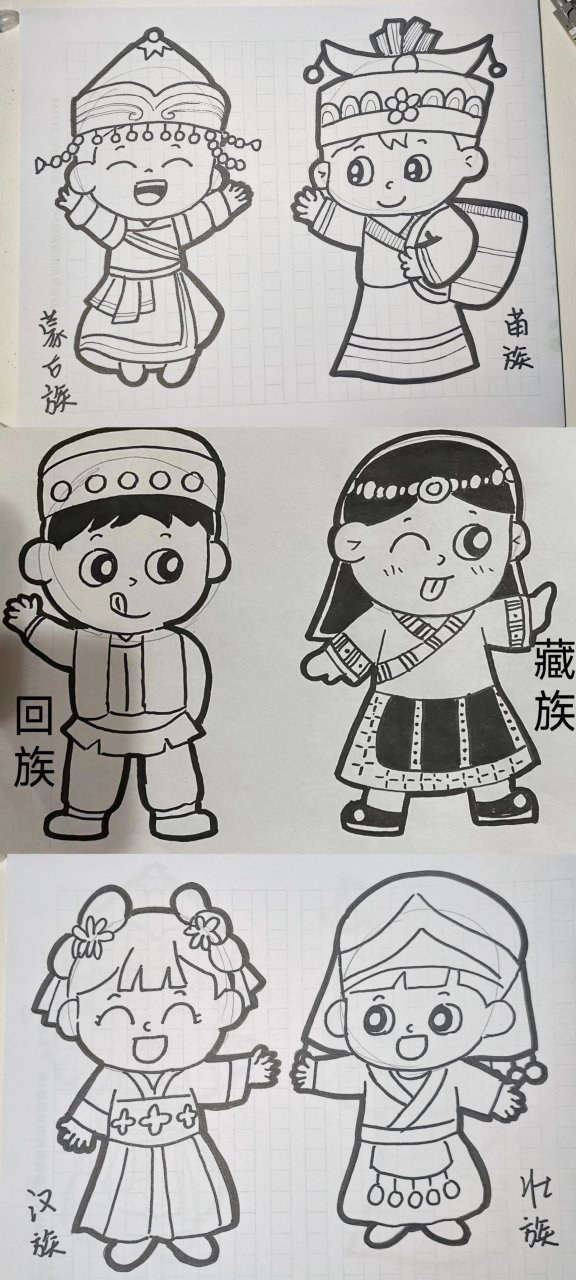 幼儿园简笔画少数民族人物素材 人物素材: 蒙古族 苗族 回族 藏族(有