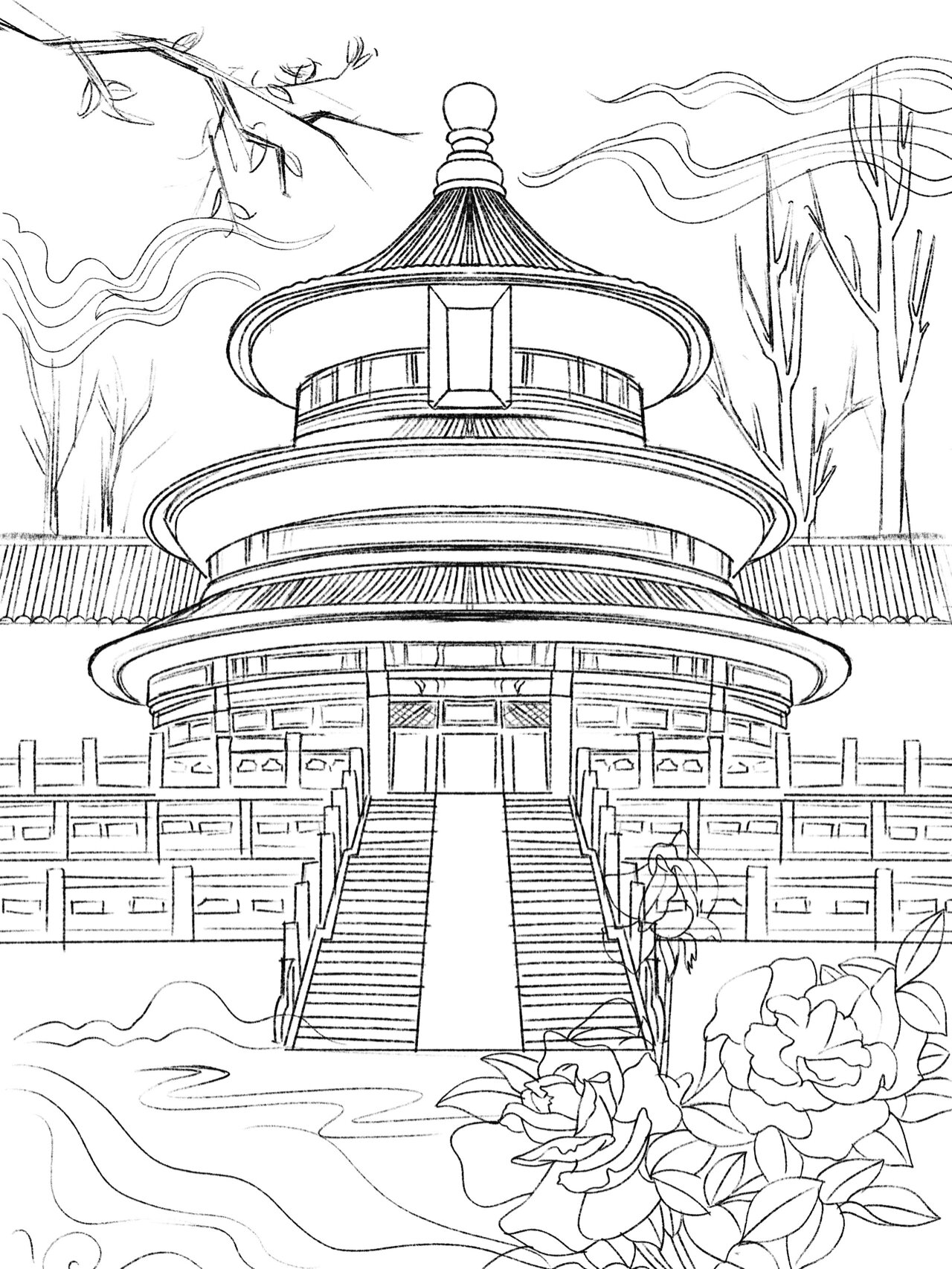 国潮城市插画|北京天坛|国潮风建筑步骤图
