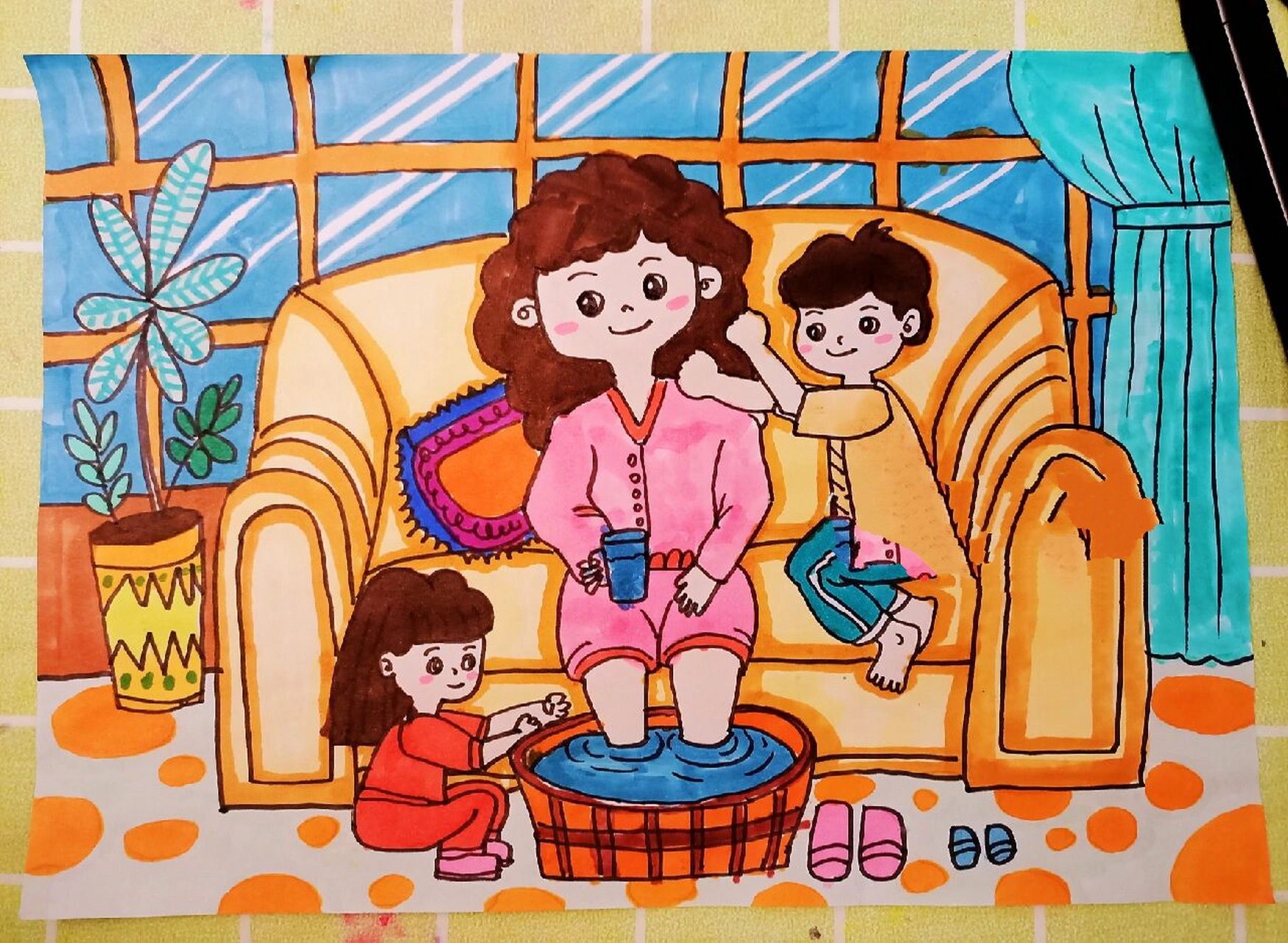 简单尊师重道 教师节 孝敬父母孝敬老人 洗脚 捶背 家风家训 水彩笔画