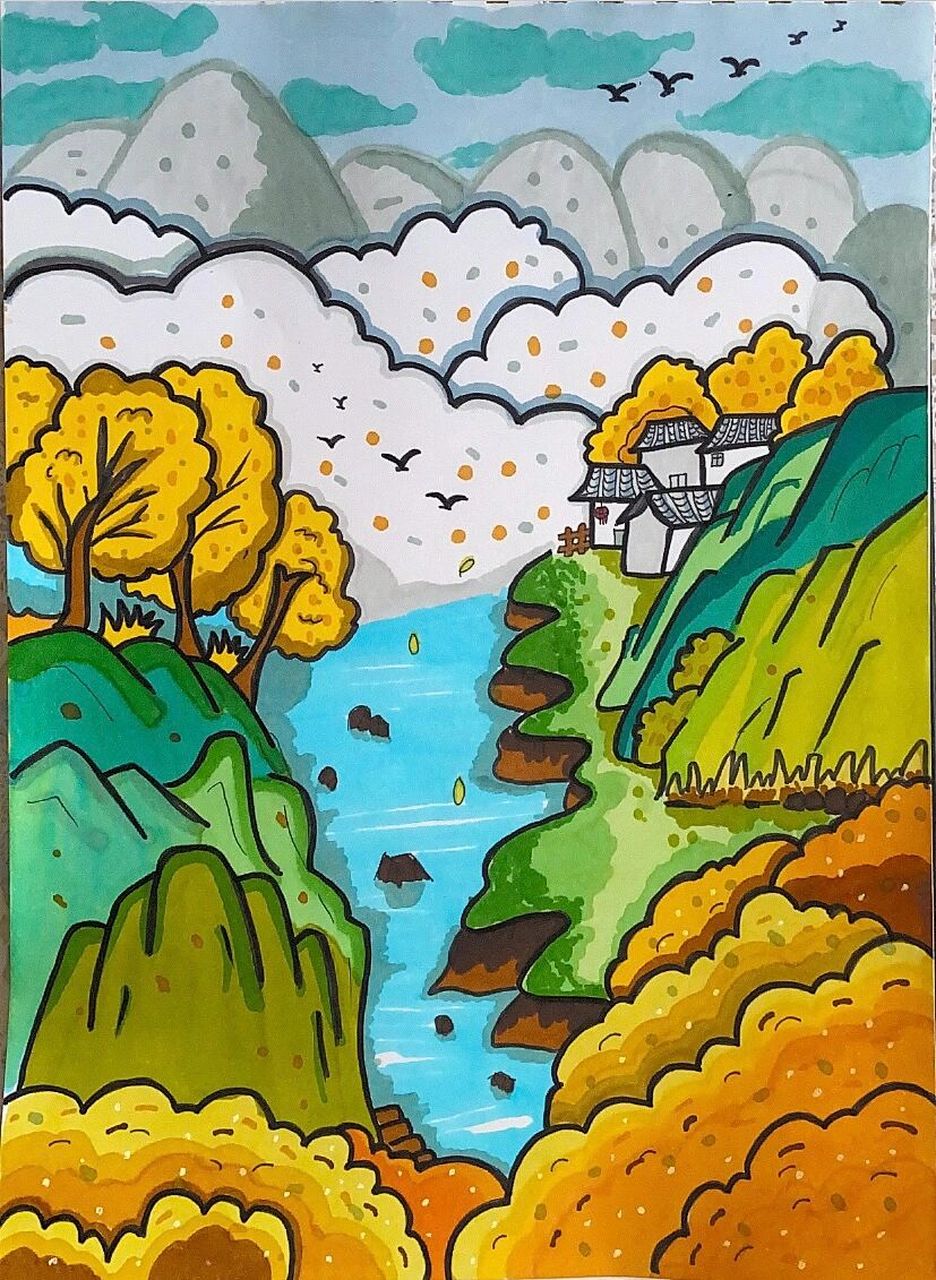 深秋马克笔主题绘画 秋天的山间格外美丽～如果在山里拥有自己的房子