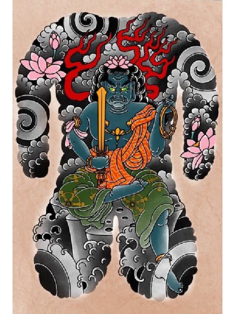 日式老传统满背不动明王纹身手稿 属鸡的守护神,可保万法不侵