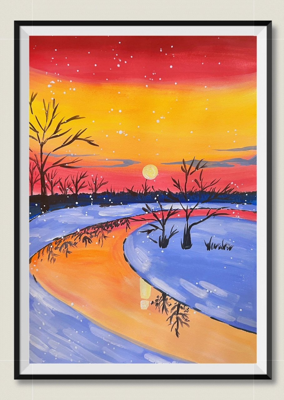 简易版水粉风景《落日晚霞》绘画步骤图