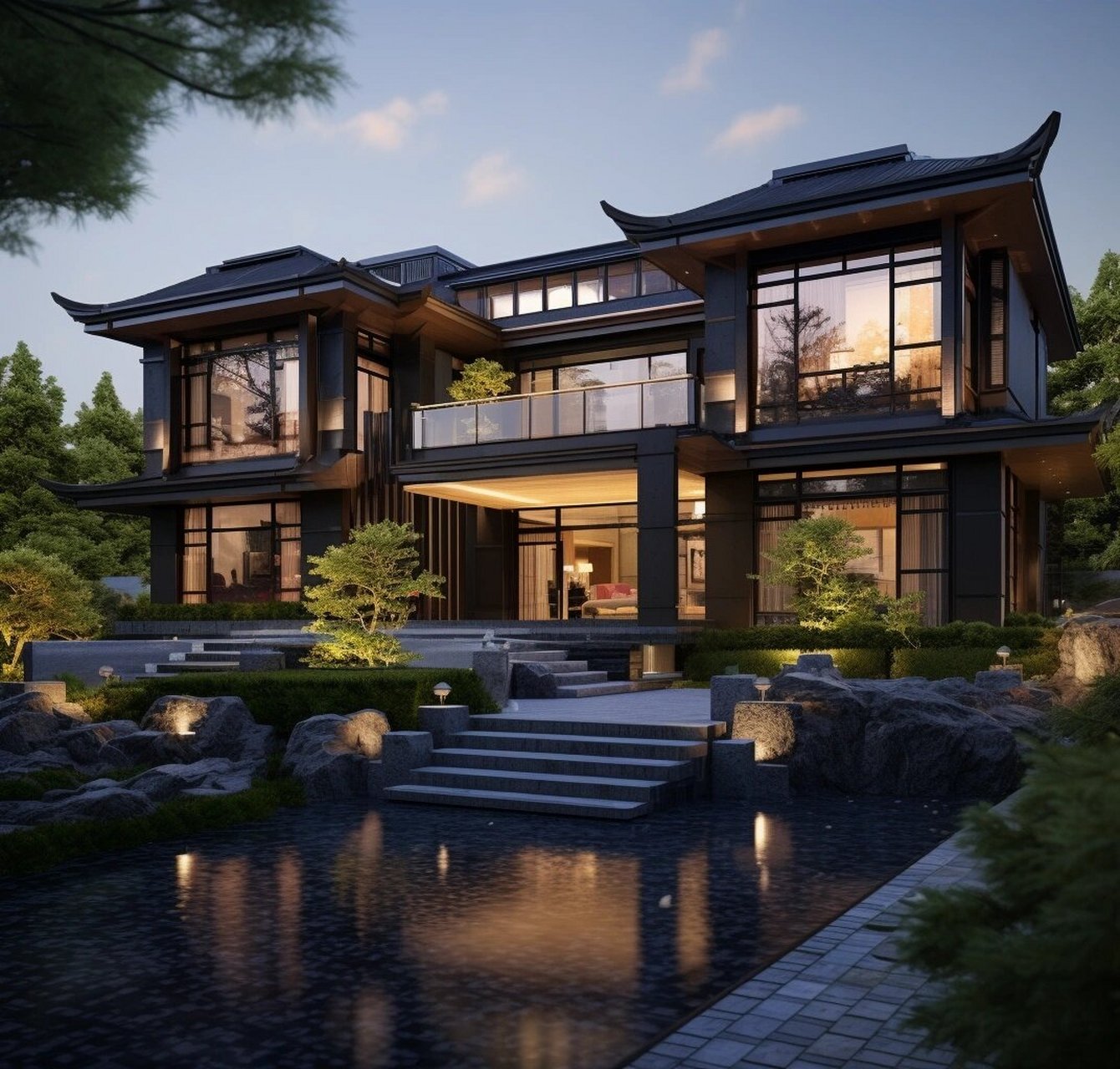 新中式别墅 现代中式风格是一种将传统与现代相结合的设计方法,创造出