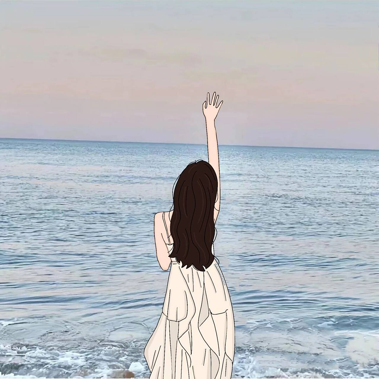 插画头像|海边背影女生头 今天的图画完