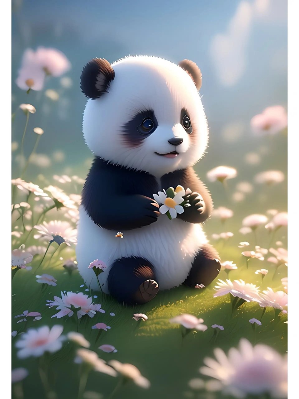 一只可爱甜美的小熊猫宝宝,坐在轻盈的花朵中,美丽的大眼睛,甜美的