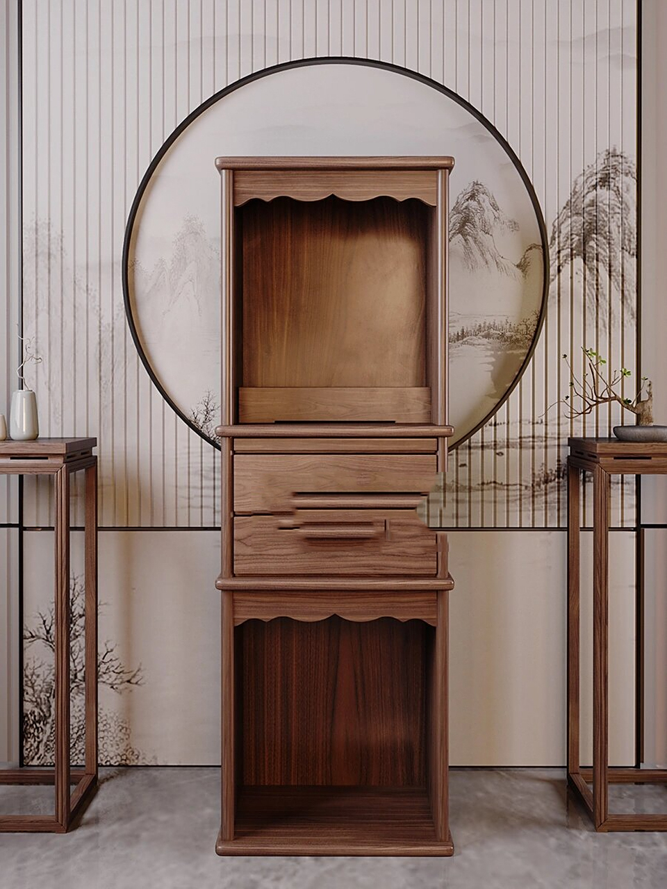 新中式双层神台柜 双层大容量空间摆放佛像或地主牌位,波浪门楣造型