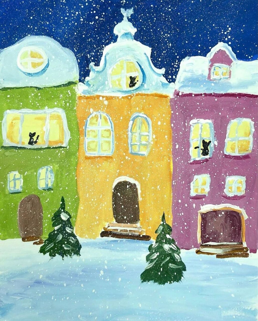 中班大班小朋友的水粉画作品冬天的雪房子 圣诞节主题水粉画:冬天的