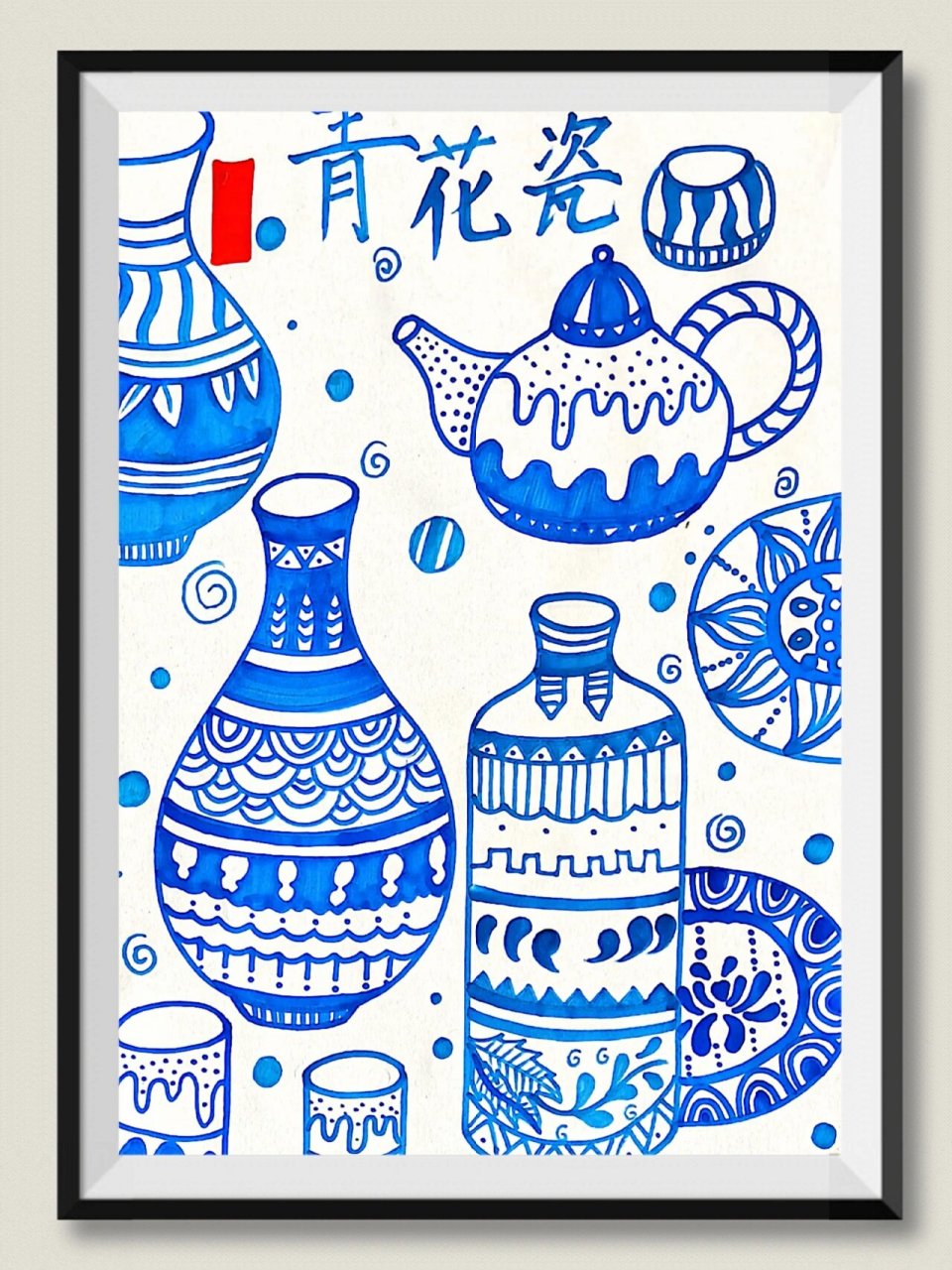 青花瓷绘画 青花瓷与线描结合创意绘画.