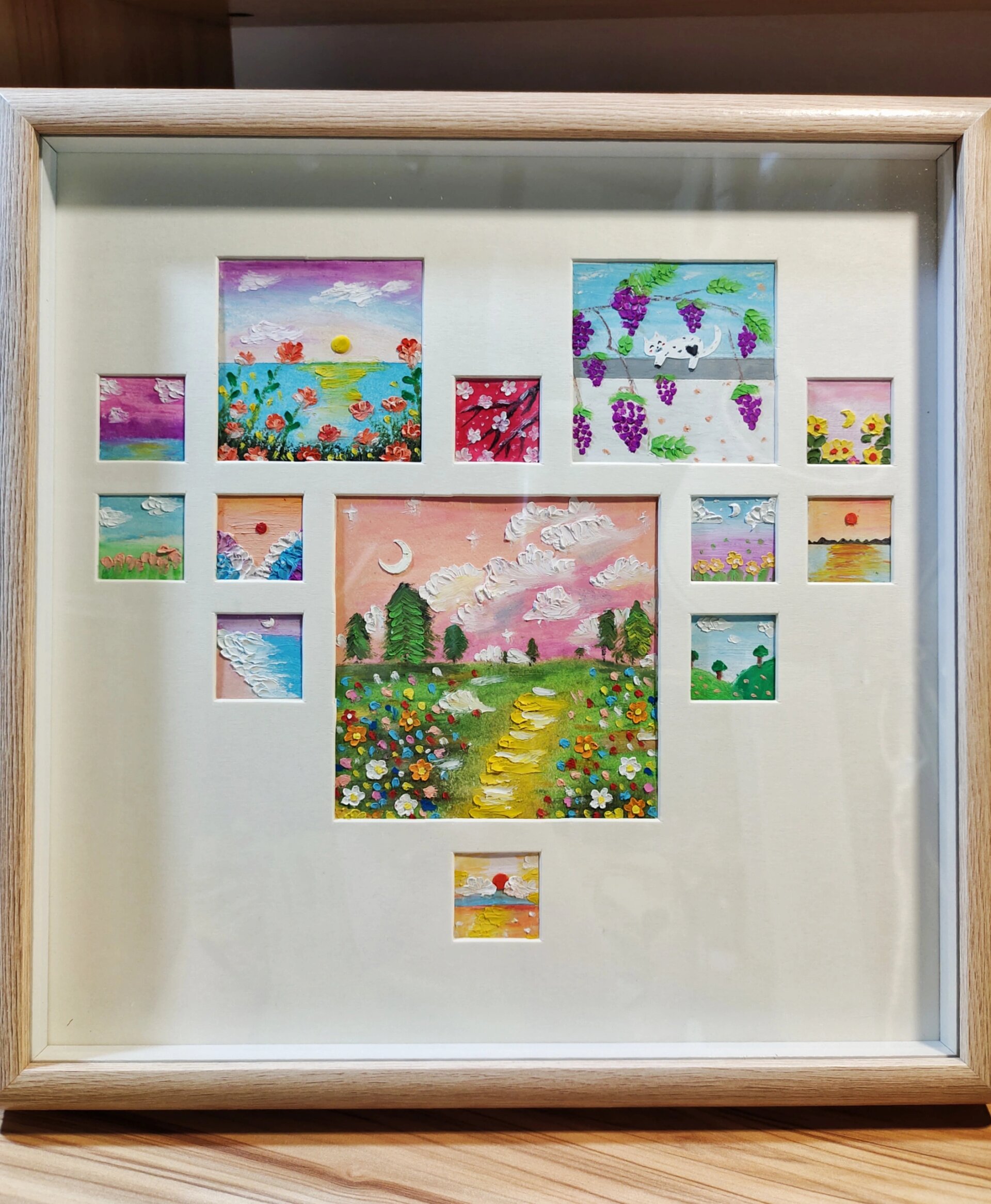 重彩油画棒作品 网上买的心形的框子,30×30大小的,我把中间的小格子