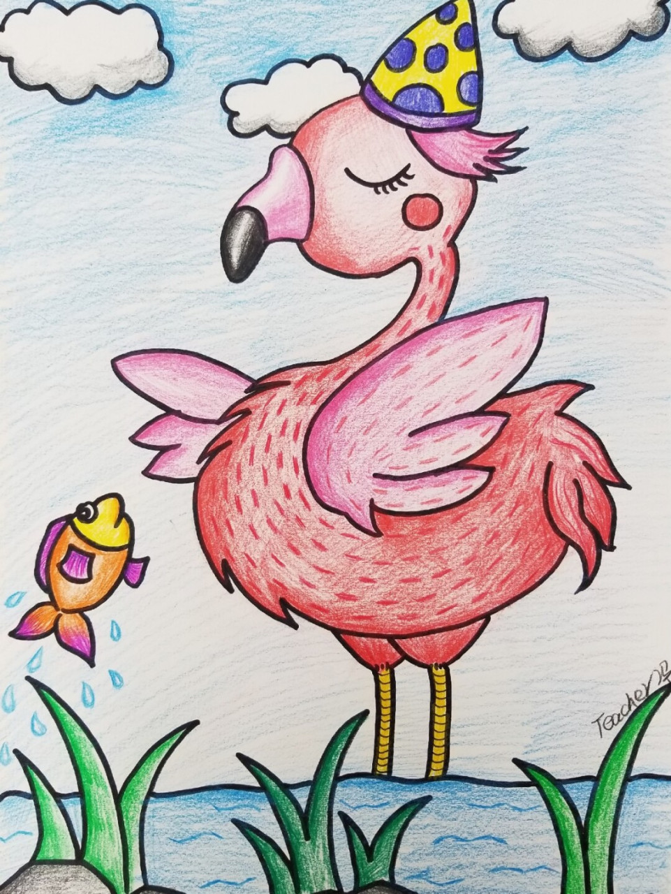 彩铅火烈鸟 儿童画#彩铅#鱼鸟#大嘴鸟 #儿童画