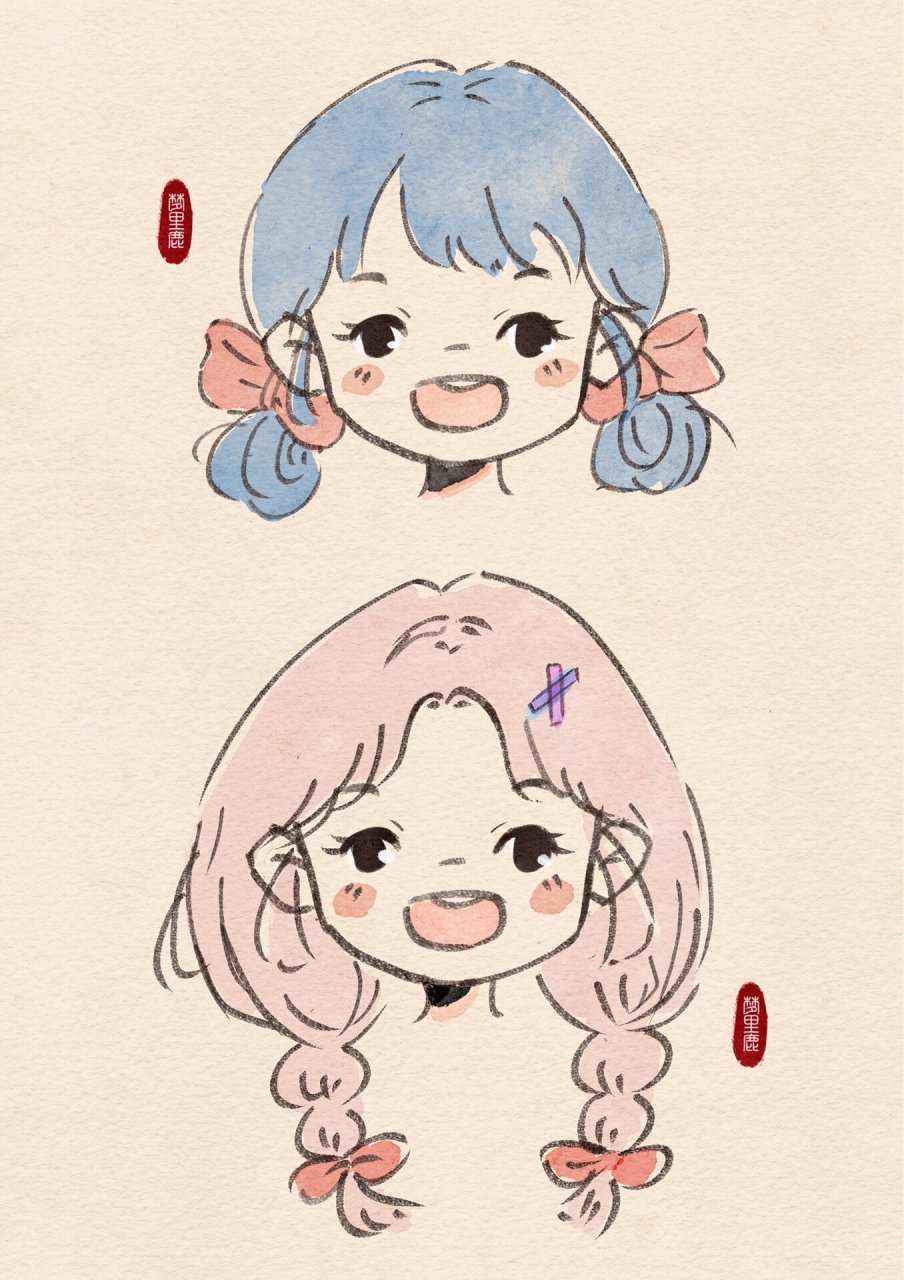 手绘女生卡通头像附线稿 两个可爱的女生头像,喜欢这种淡淡的水彩风