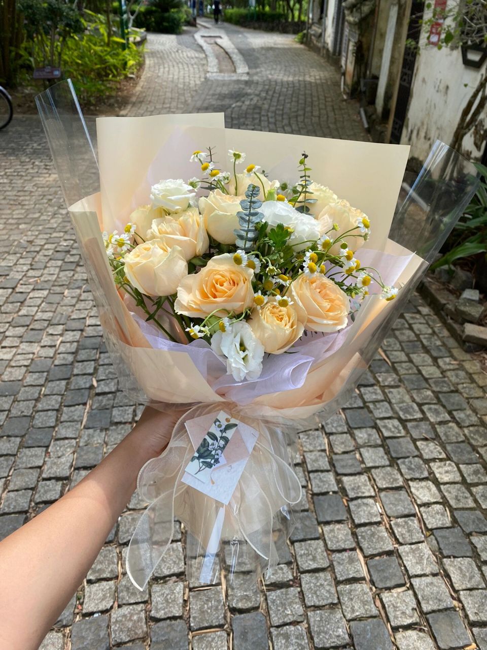 成人礼小花束98香槟玫瑰,洋甘菊,尤加利,白桔梗 女生小花束