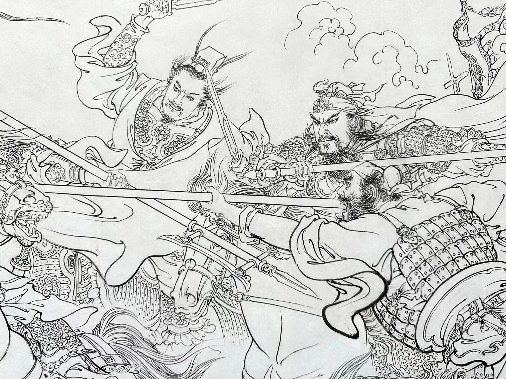 项维仁白描《三英战吕布》