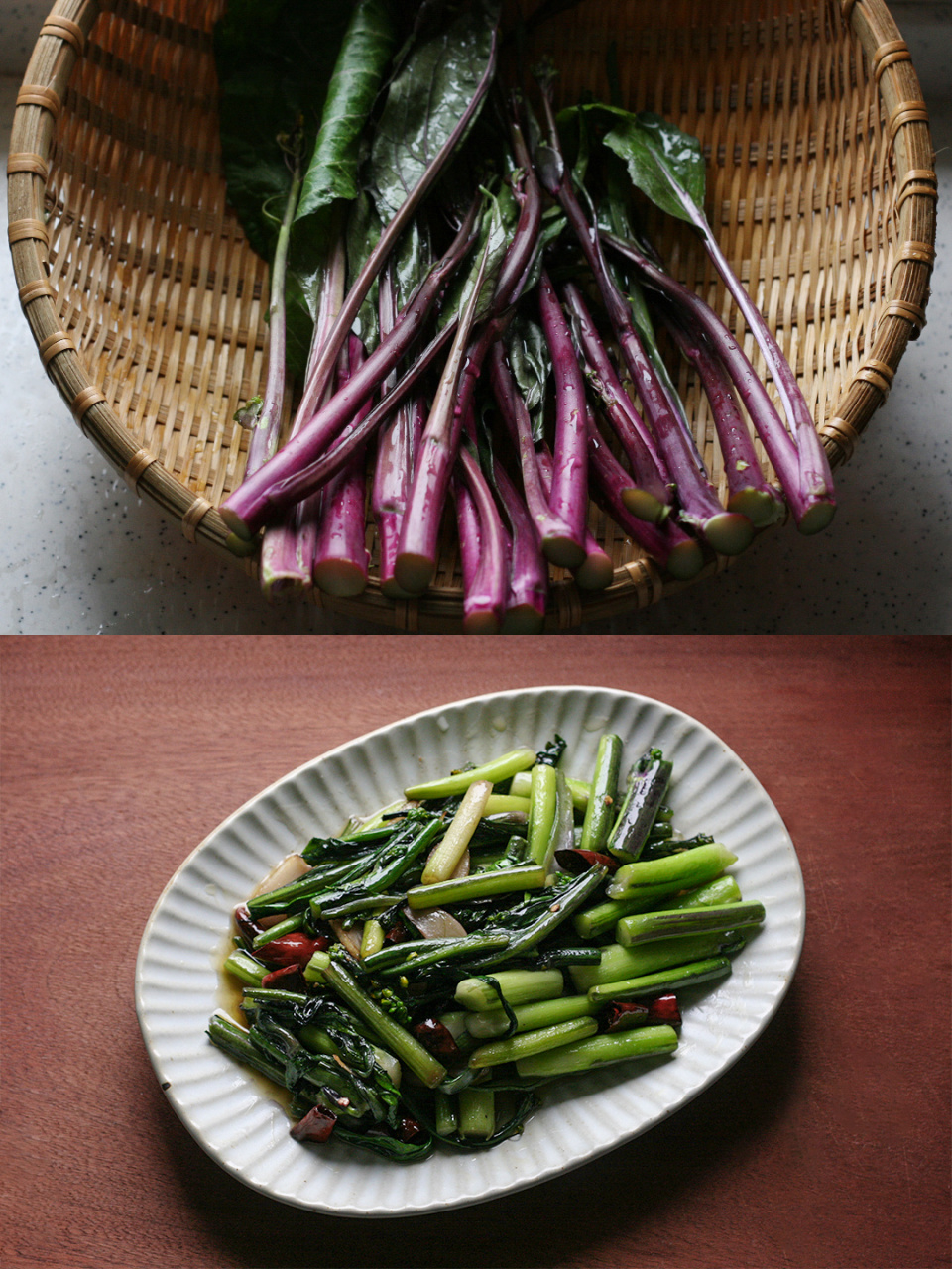 这个季节的红菜苔,脆甜爽口,撕开紫色皮闻了闻,味道有点像春天的