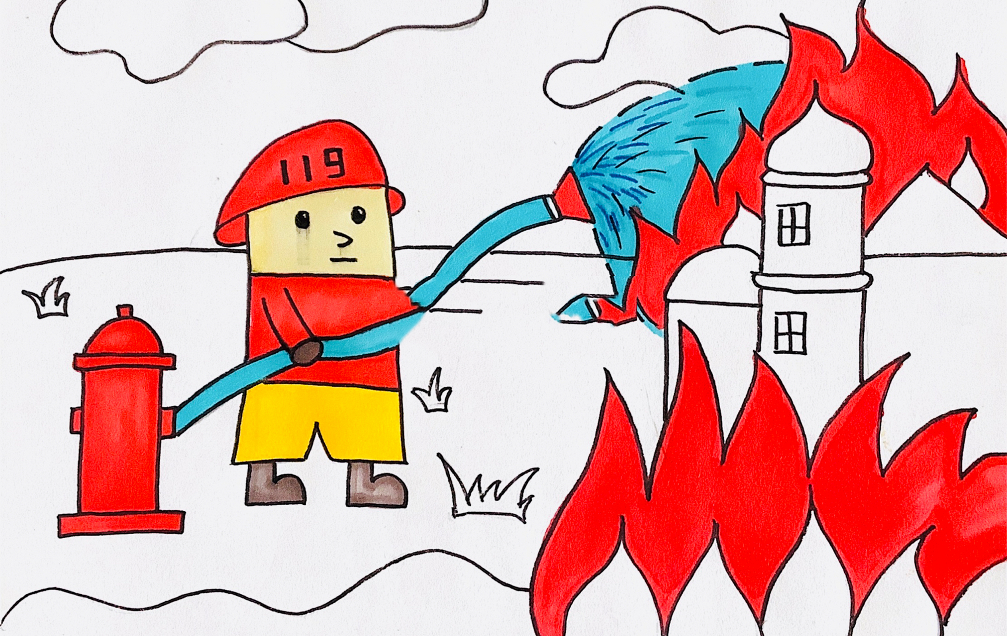 消防员灭房子火简笔画图片