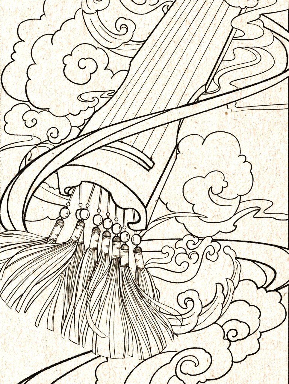 国风插画线稿练习51/100|忘机琴 这一次我感觉草稿更精彩.