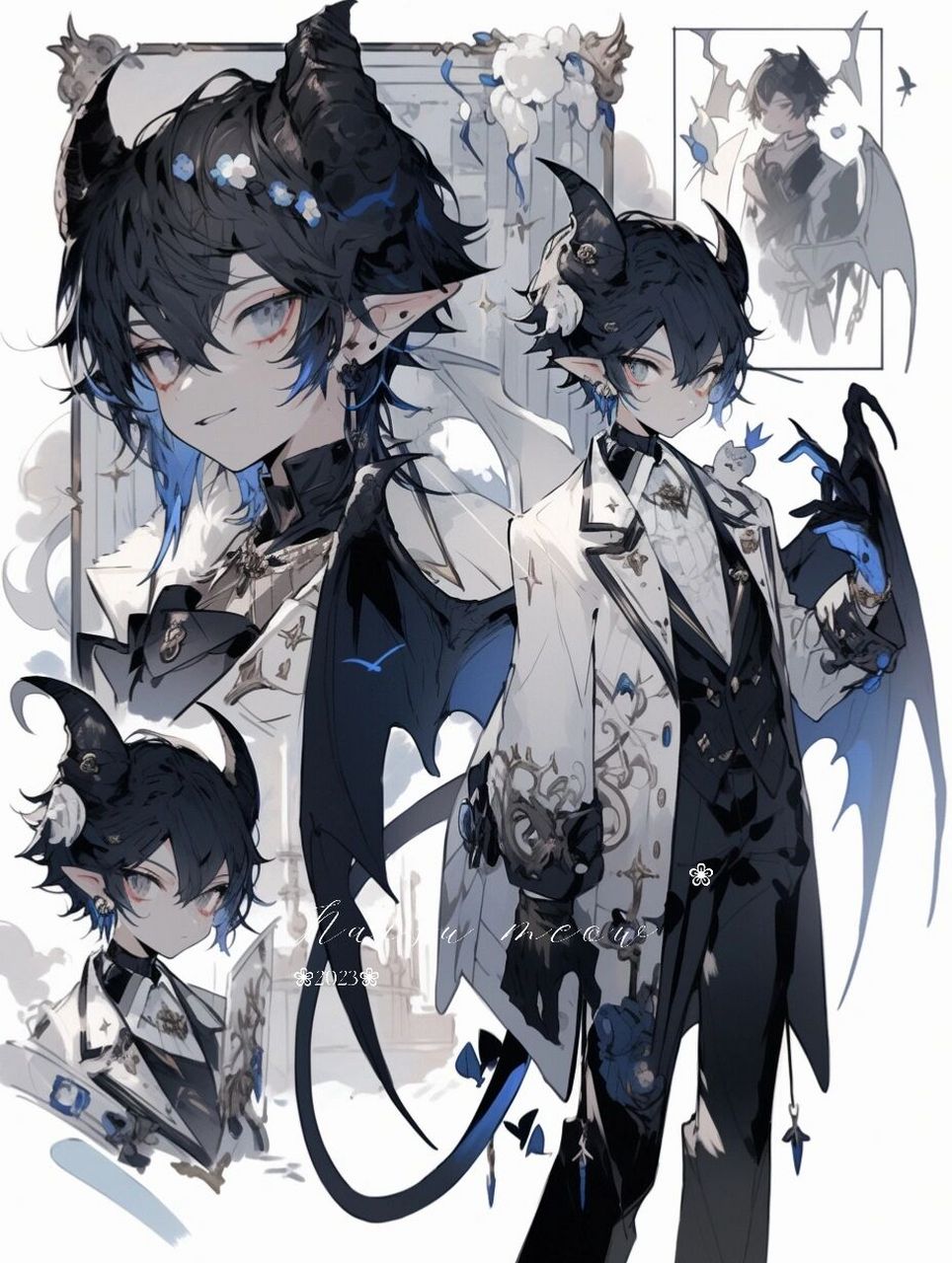 温月蓝翼|蓝色系蝠翼长角男生oc角色设计 99蓝色系的蝠翼少年