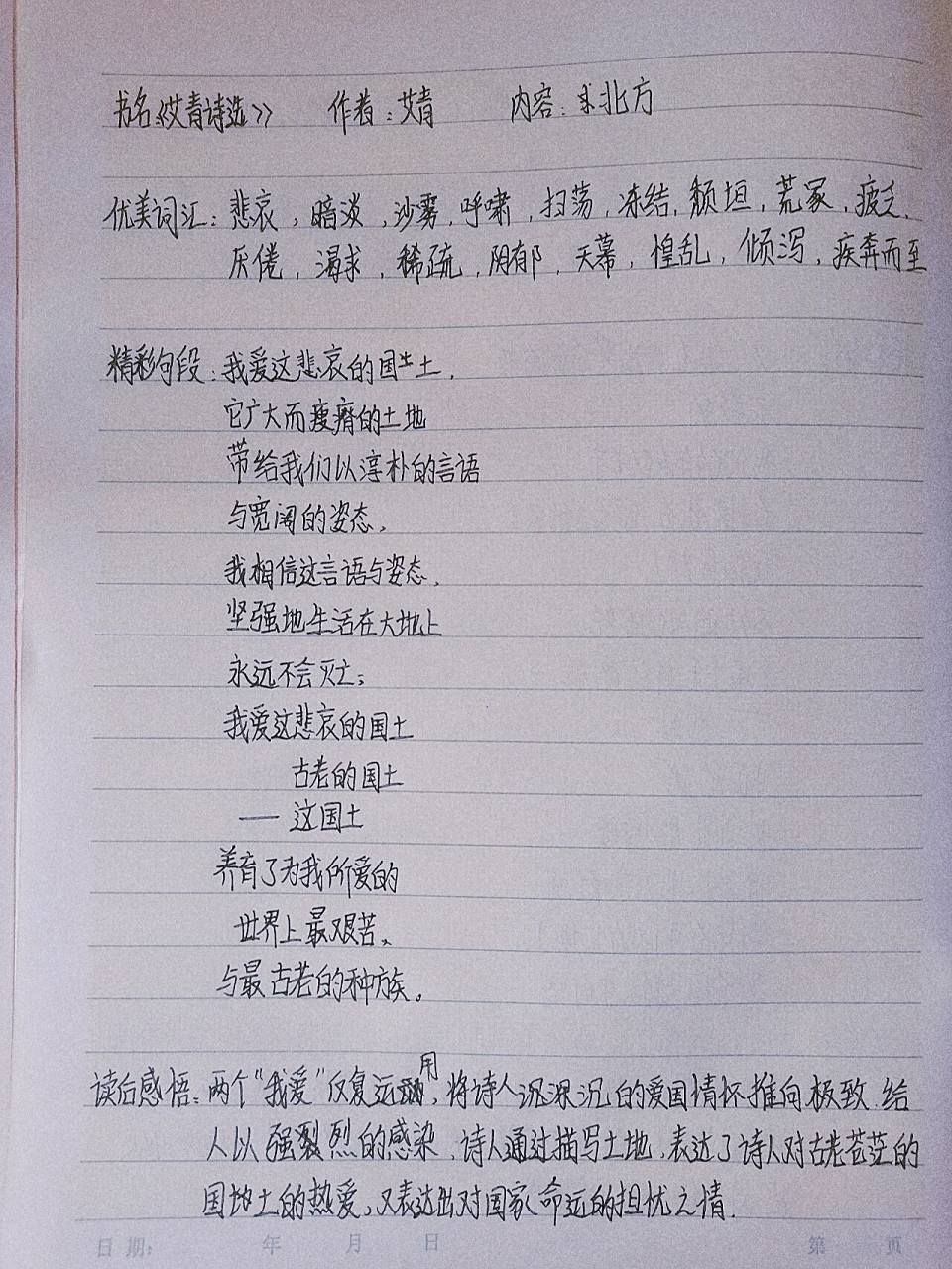 《艾青诗选》 读书笔记 《雪落在中国的土地上》 《北方》 读后感悟