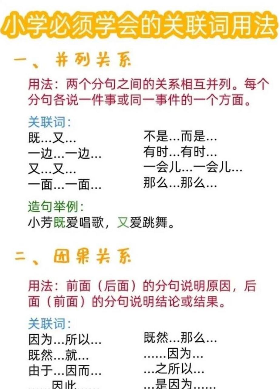 小學必掌握的關聯詞 八種關係 關聯詞作為連接分句,標明關係的詞語