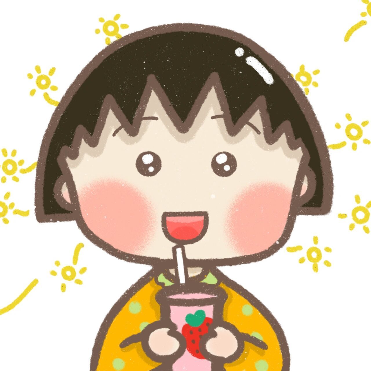 简笔画|手绘|樱桃小丸子喝奶茶|9015原创头像 95图片仅供自用