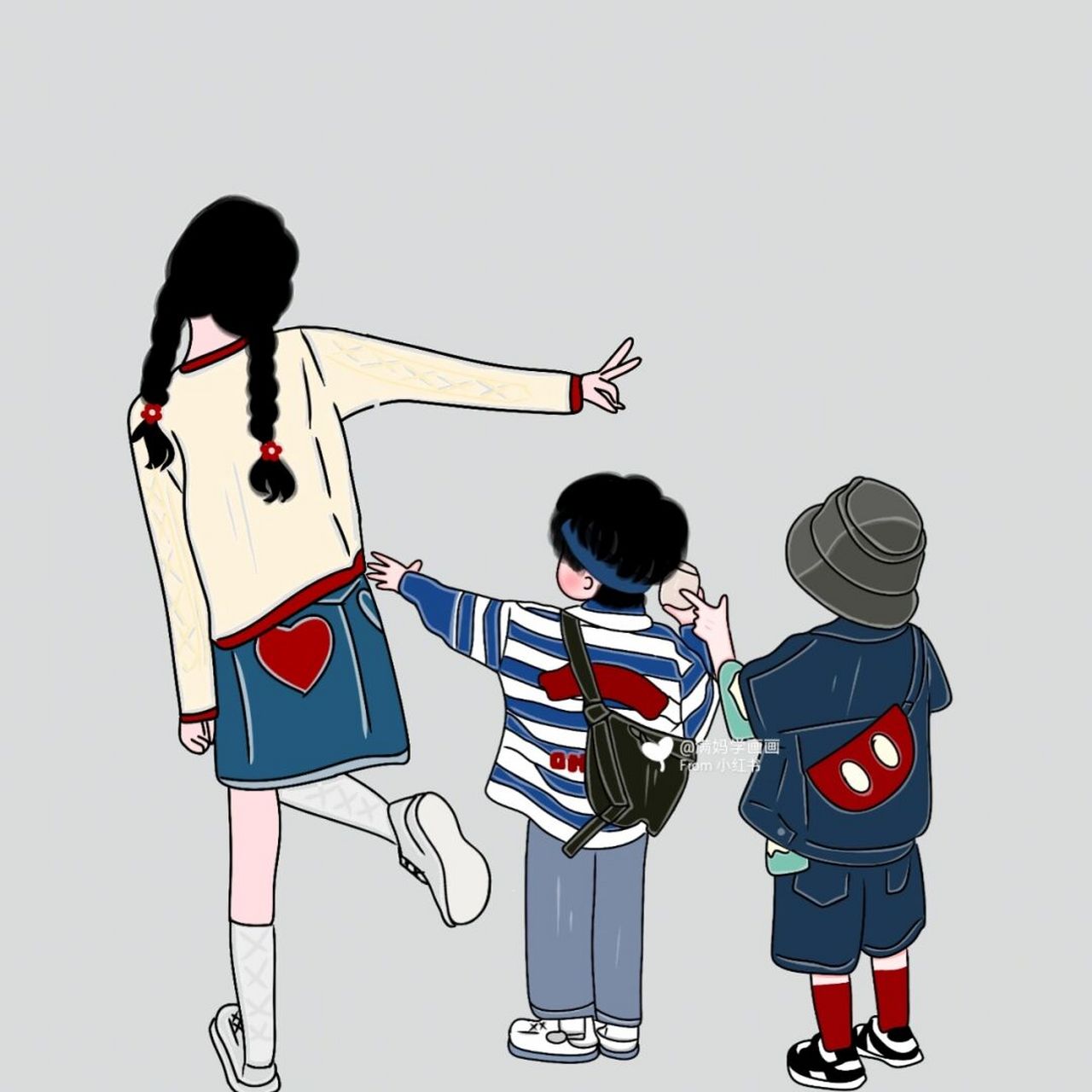 原创手绘两个儿子三个宝宝头像亲子手绘 带娃很累,总不能不带吧,外面