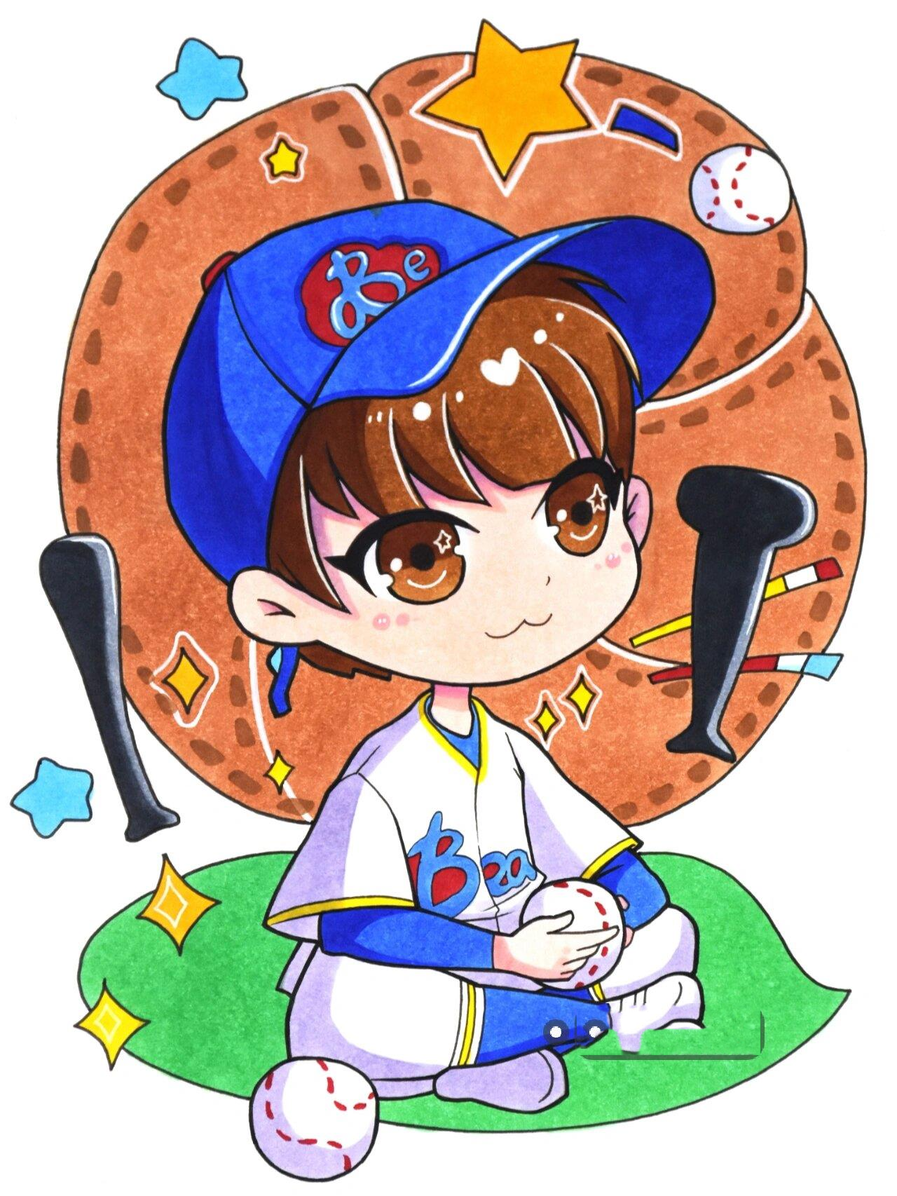 棒球小子q版人物男角色练习 法卡勒软头马克笔手绘 樱花勾线笔0.2-0.