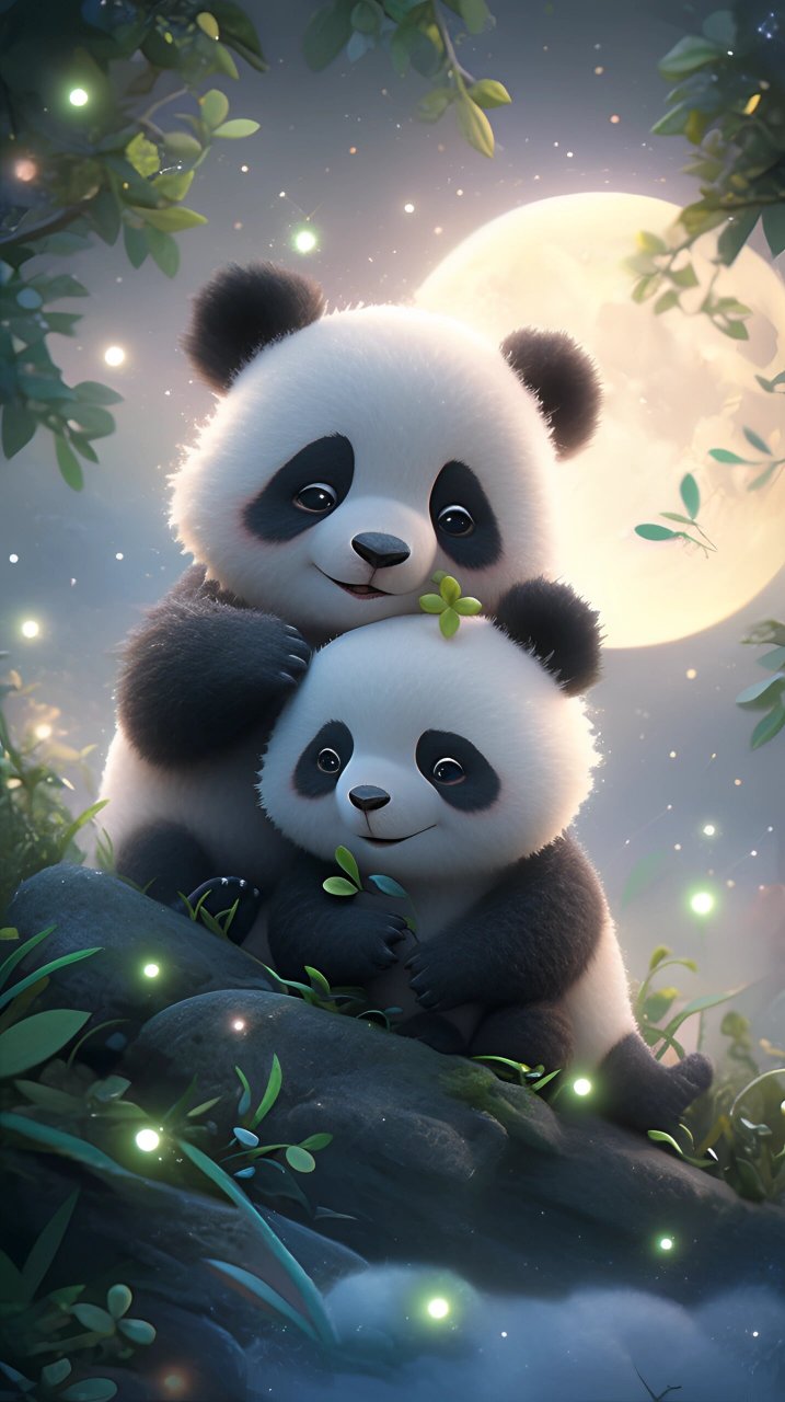 midjourney|月光下相亲相爱的熊猫宝宝 在明亮的月光下,两只熊猫宝宝