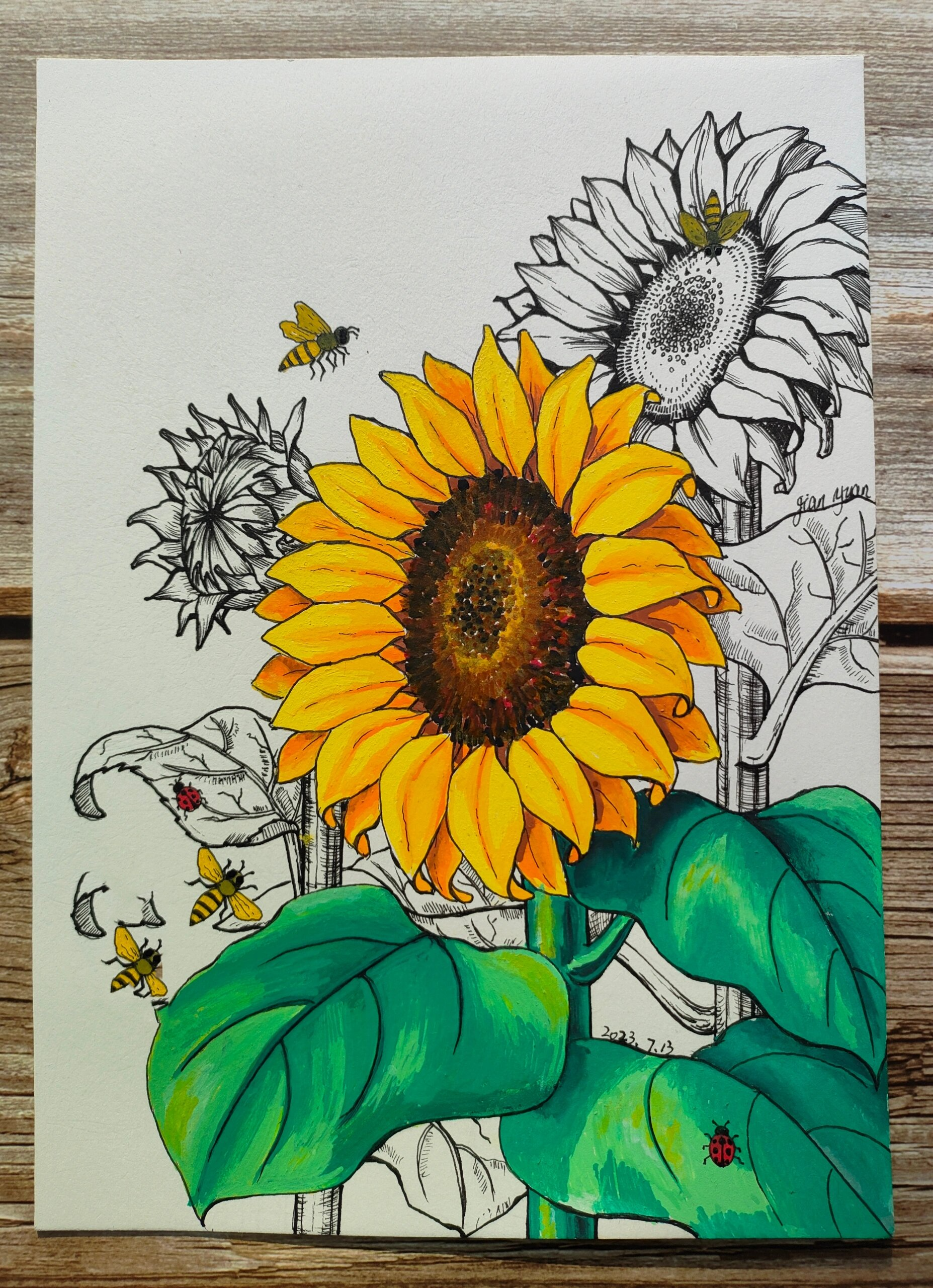向日葵绘画丙烯马克笔线描蜜蜂装饰画原创