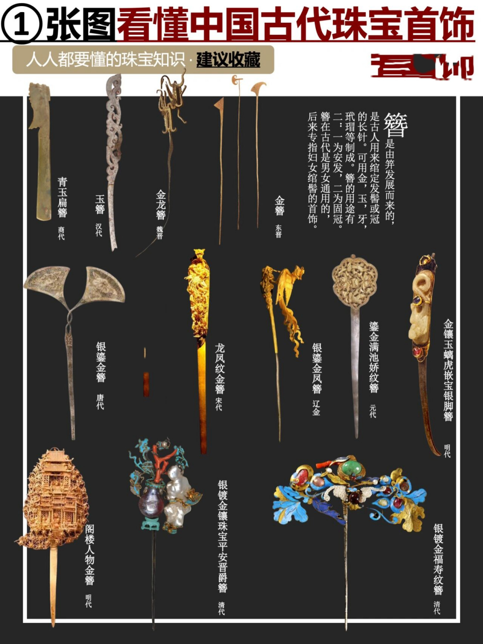 一图看懂中国古代珠宝首饰93簪钗6015宝藏 中国古代金银珠宝