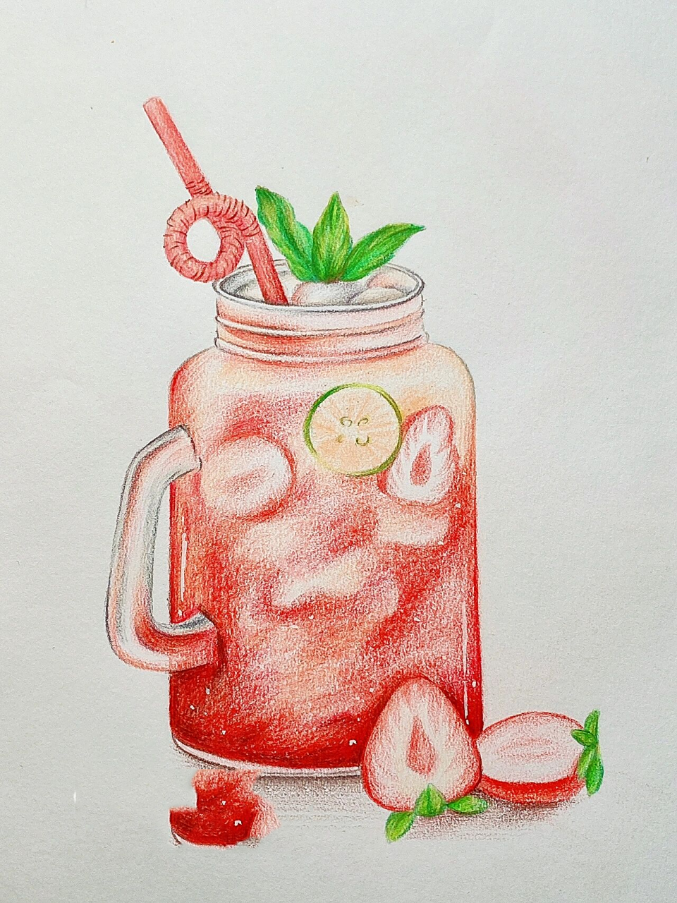 彩铅画 | 草莓果汁 夏季饮品 彩铅画 过程图