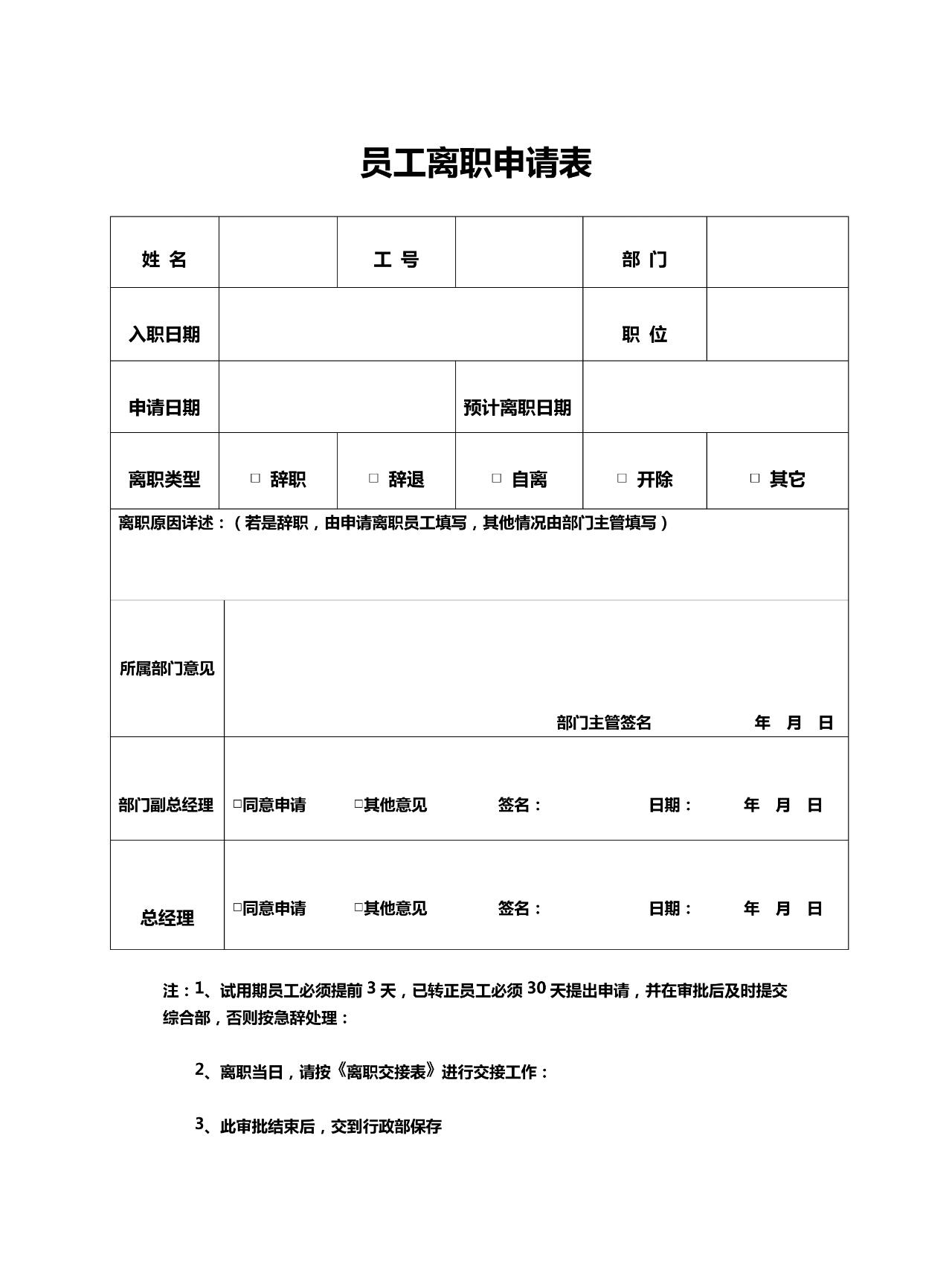 企业职工离职申请表