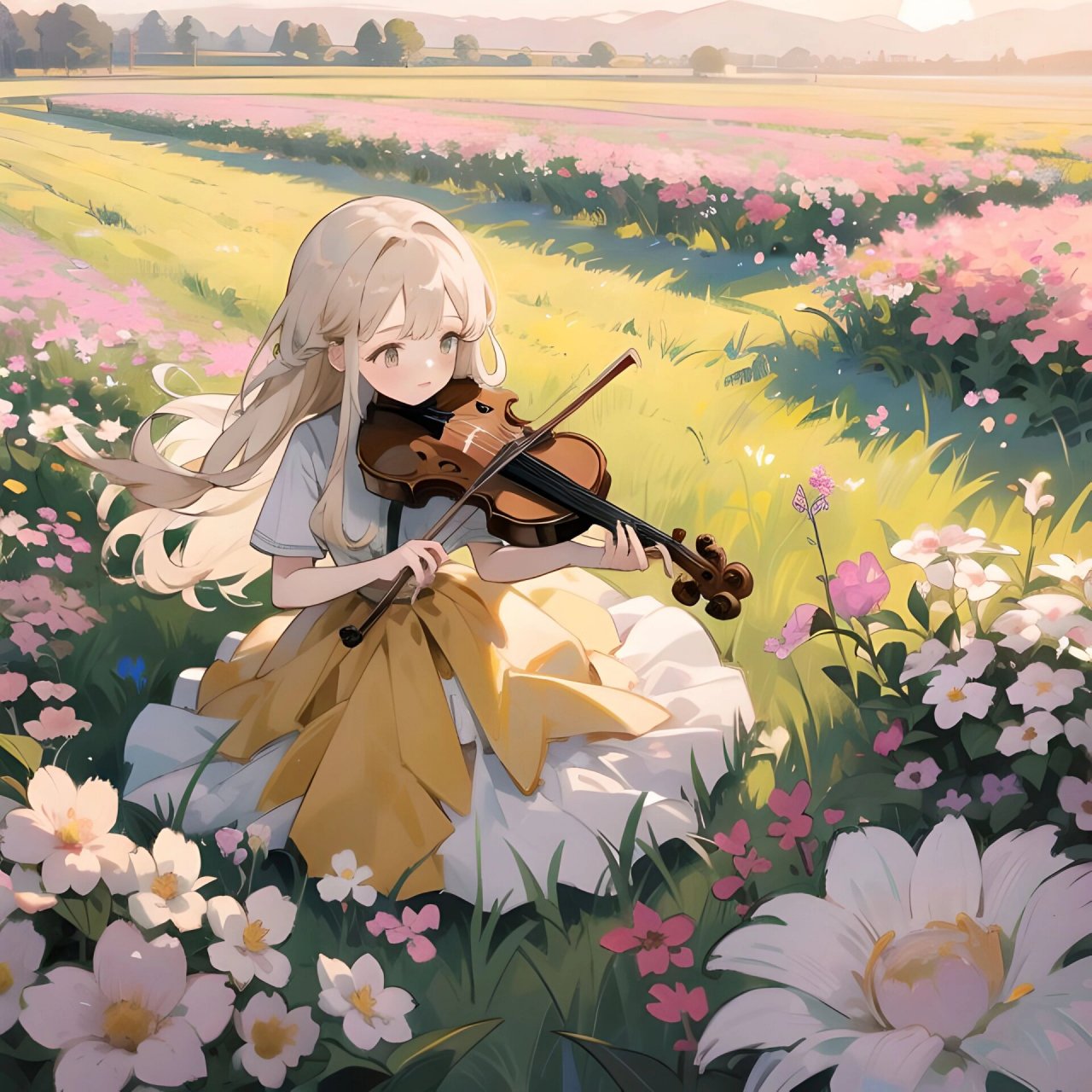 头像|少女与小提琴 在花田里拉小提琴的女孩