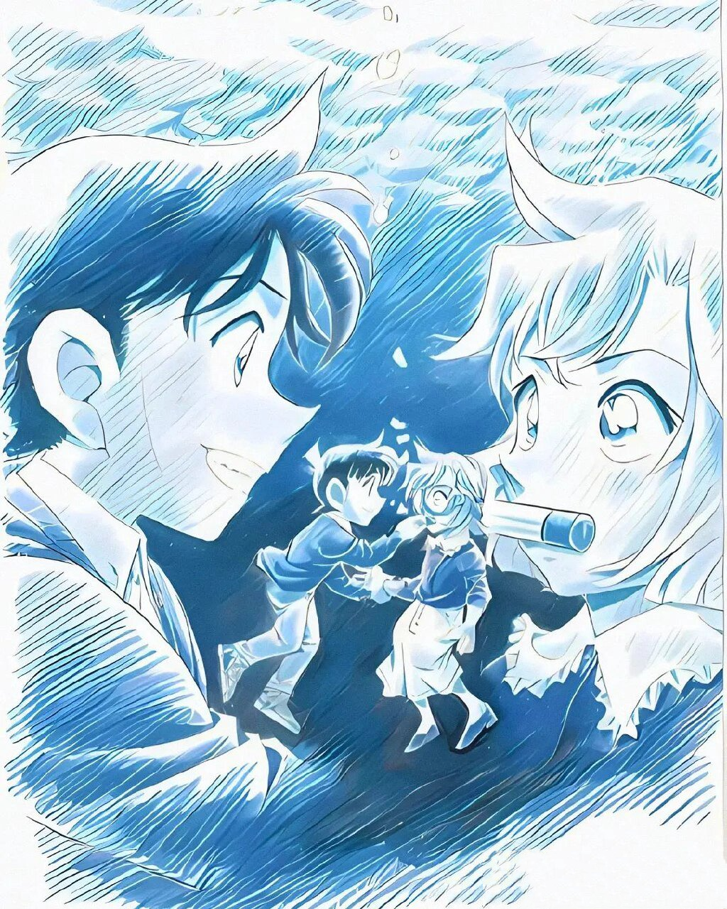 青山刚昌最新原画:柯南灰原水下名场面