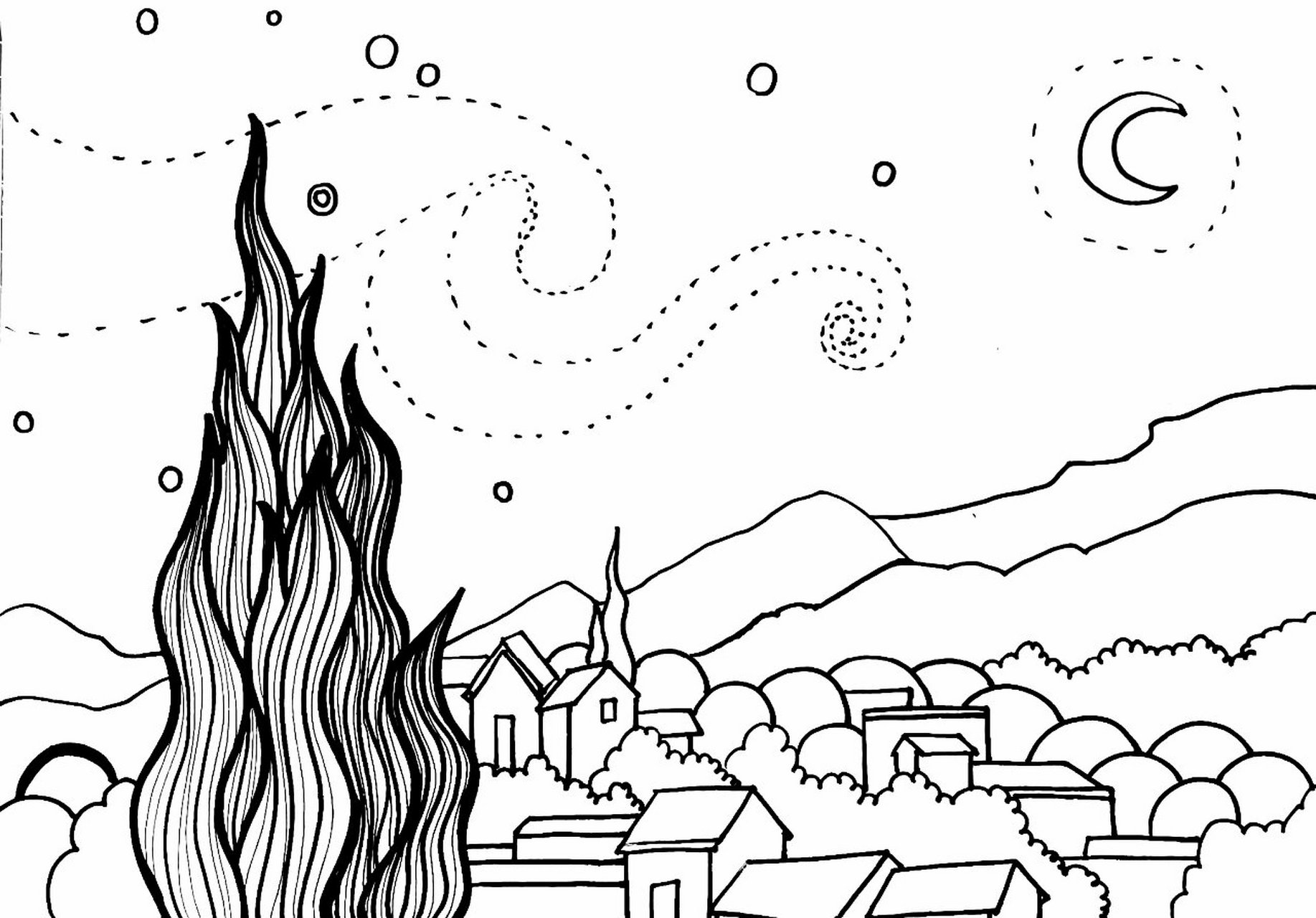 线描   ▏梵高星空 8岁以上可画 《星月夜》(the starry night)是荷兰