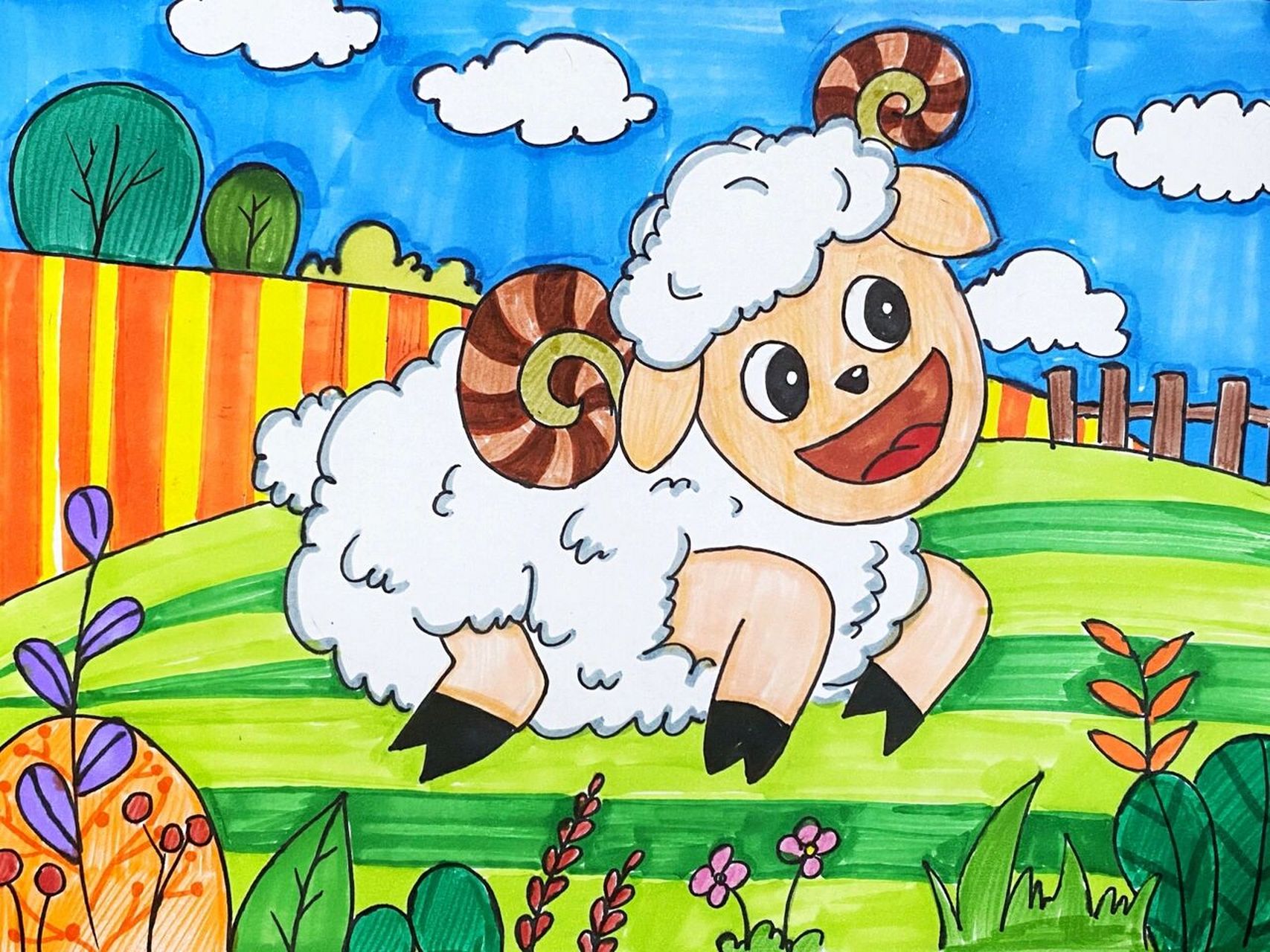 羊儿童画 #马克笔# #卡通画# #儿童画# #绵羊儿童画##山羊儿童画