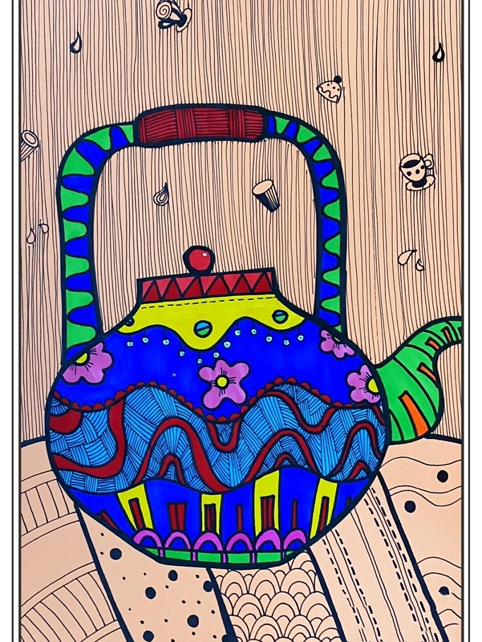 茶壶系列创意儿童画分享   所需材料:卡纸,勾线笔,马克笔,铅笔,橡皮